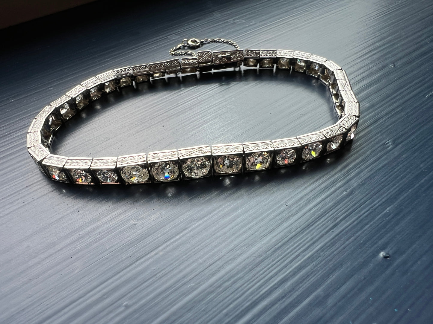 Antique 9.75 CARAT 38 Old European & Mine Cut DIAMOND Line Bracelet PLATINUM 18k White Gold French Geometric Engraved Tennis