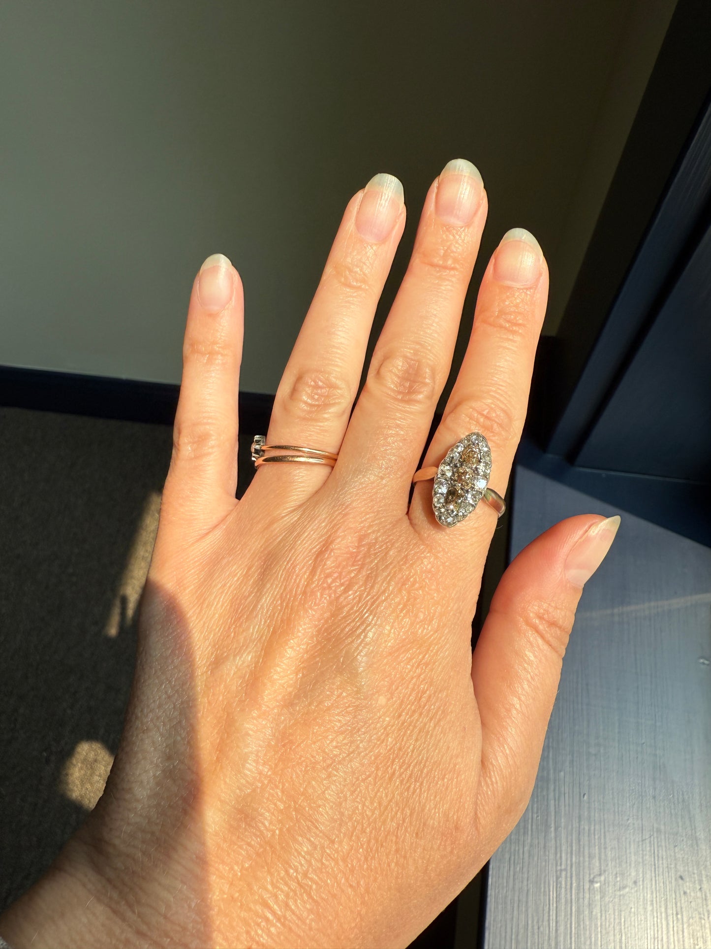 Uncommon 2.25 Carat Fancy Brown & White Halo Old Mine Cut Diamond Navette Ring Oval Victorian Antique 18k Gold Silver