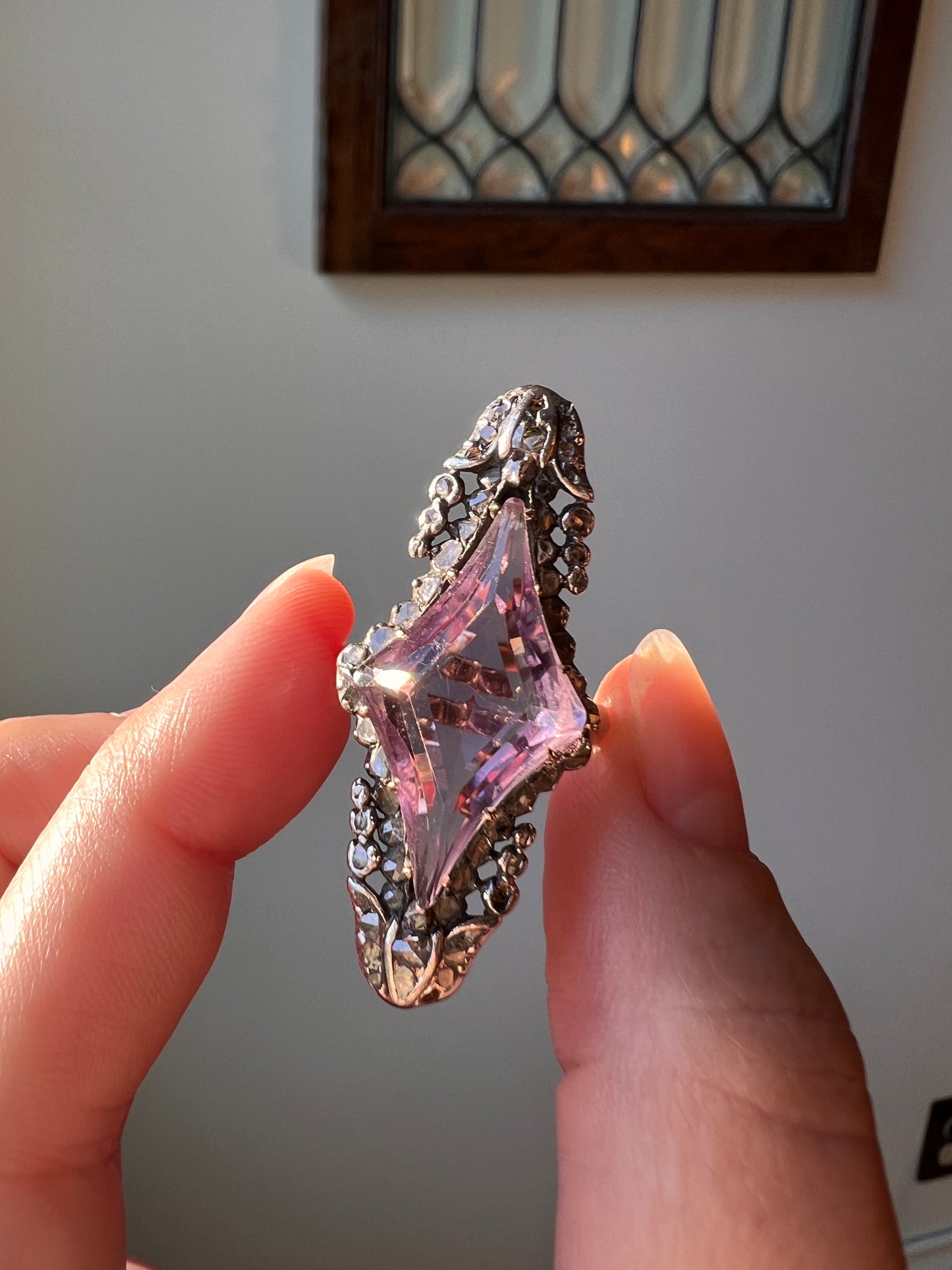 One of a Kind LARGE Flared Cut AMETHYST 62 Rose Cut DIAMONDS French Antique Ring Tulip Floral Garland 18k Rose Gold Silver