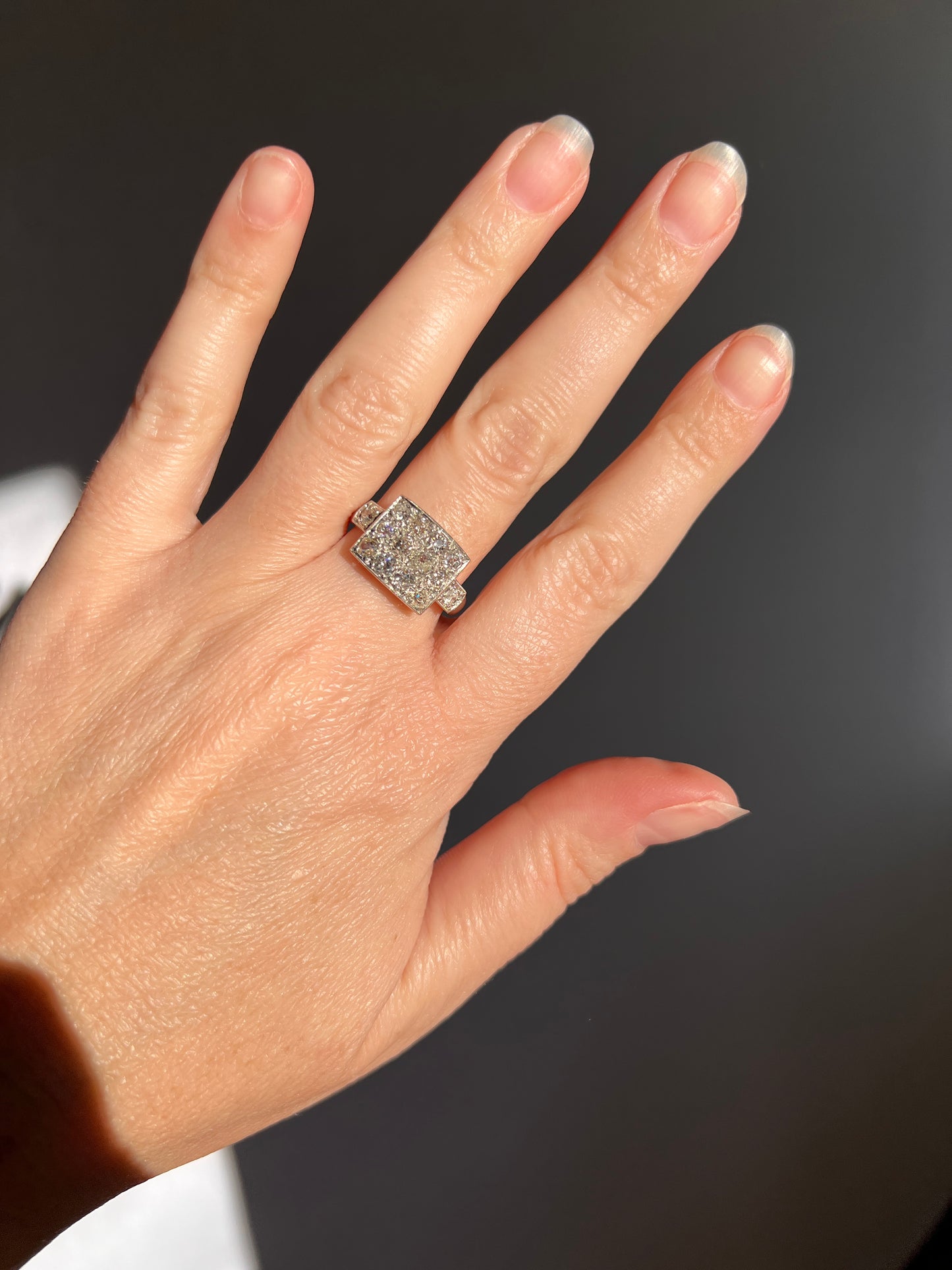 Two Carat 14 Old Mine Cut DIAMOND Curved Cluster Grid Ring French Antique Platinum Cobblestone