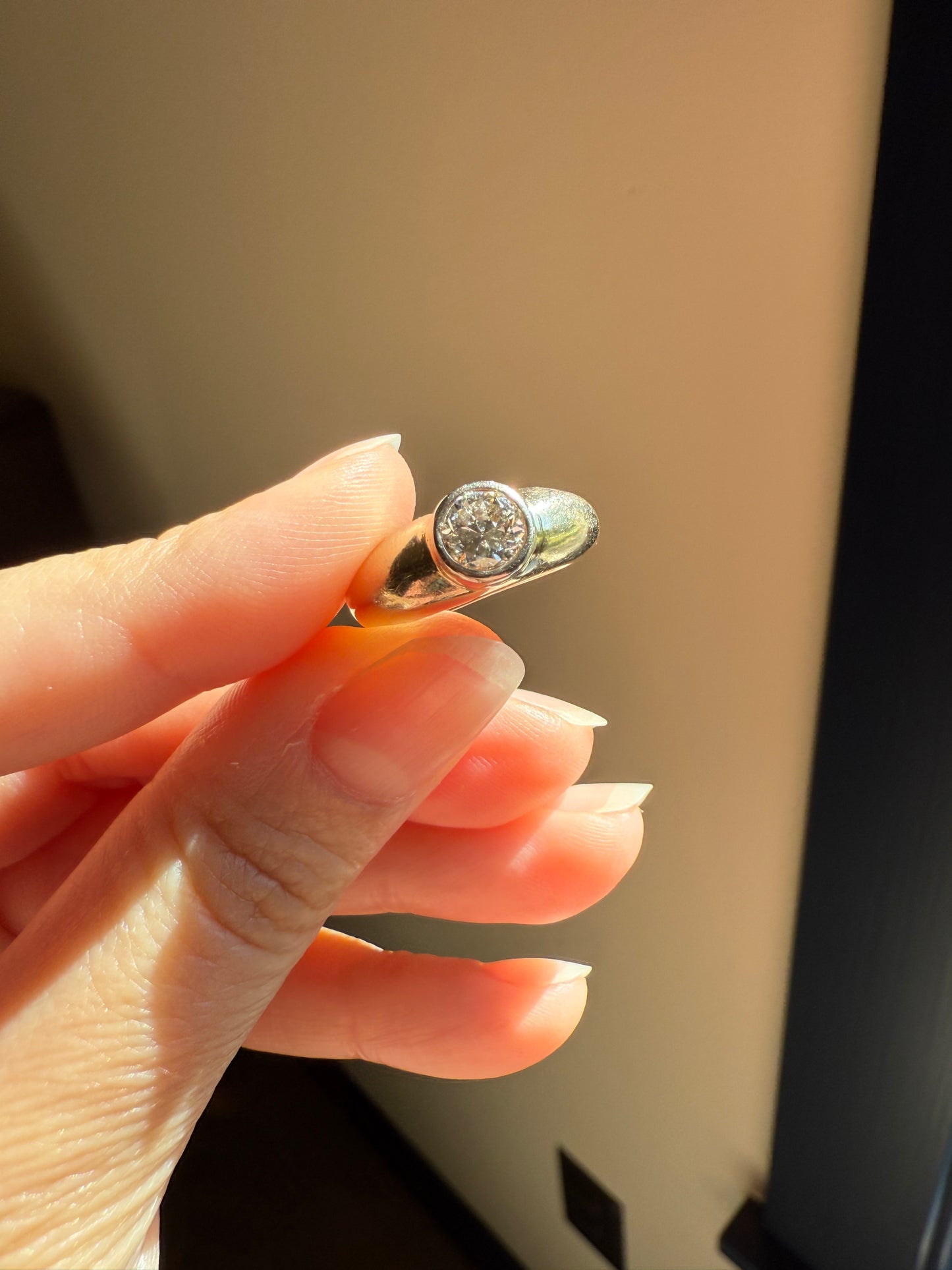 Vintage .73 Carat Transitional Cut DIAMOND Gypsy Bezel Set Ring Stacker Band Pale Yellow 18k Gold Solitaire