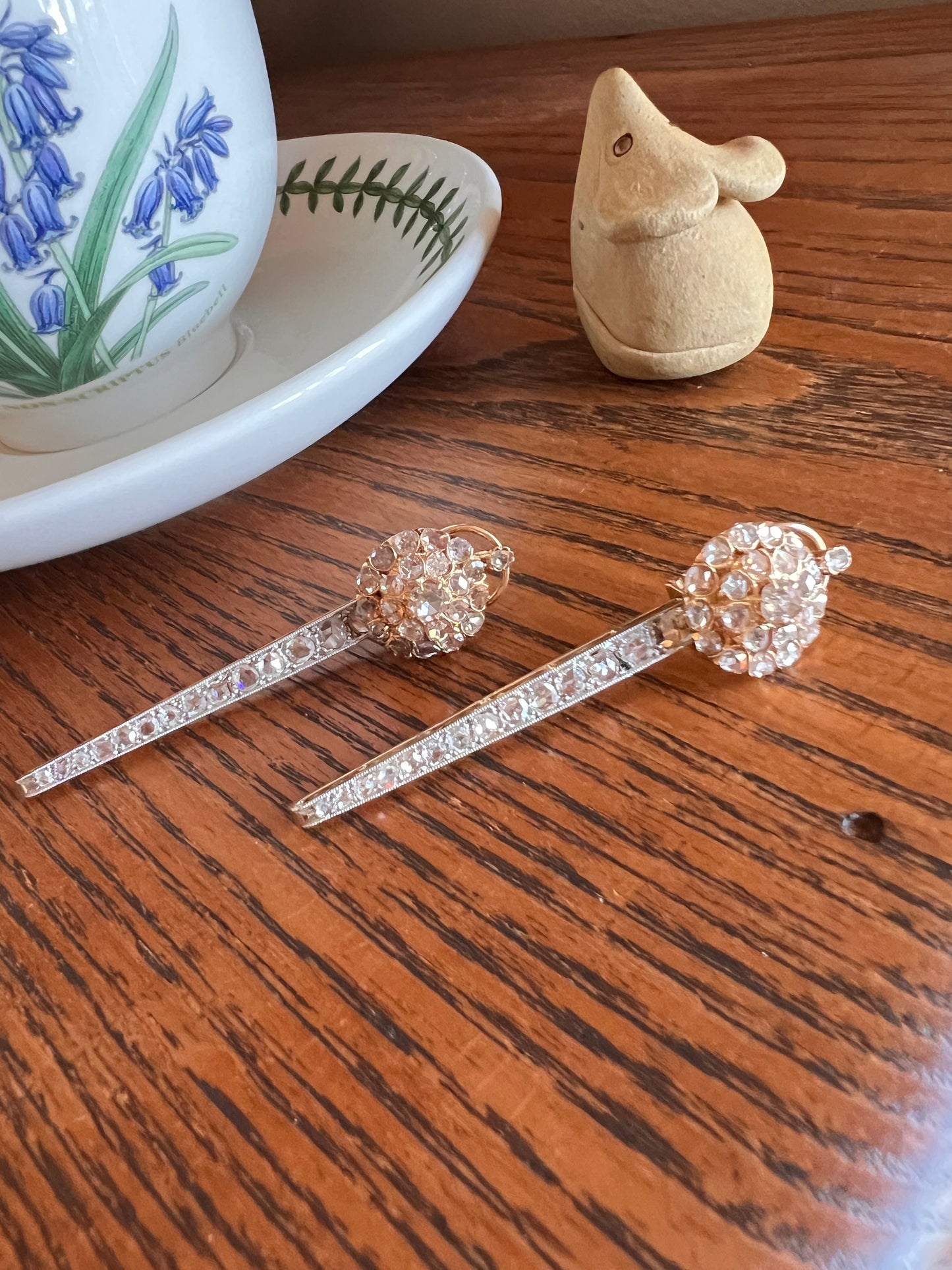 SPIKE French Antique 4 Carats 74 Rose DIAMOND Cluster Dangle Earrings 18k Gold 2.4" LONG Drop Rare