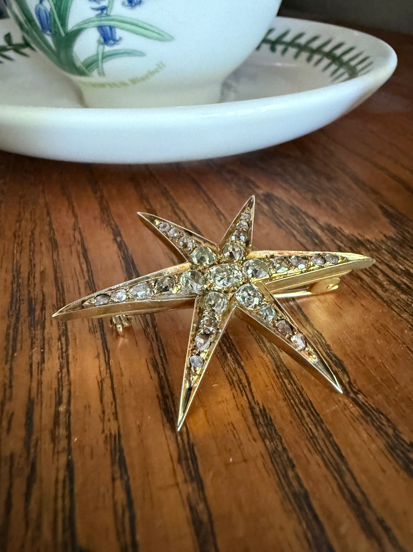 Mega STAR Antique 2.5 Carat 27 Rose Old Mine Cut DIAMOND Cluster Pin Brooch for Pendant Gilt Metal & 10k Gold