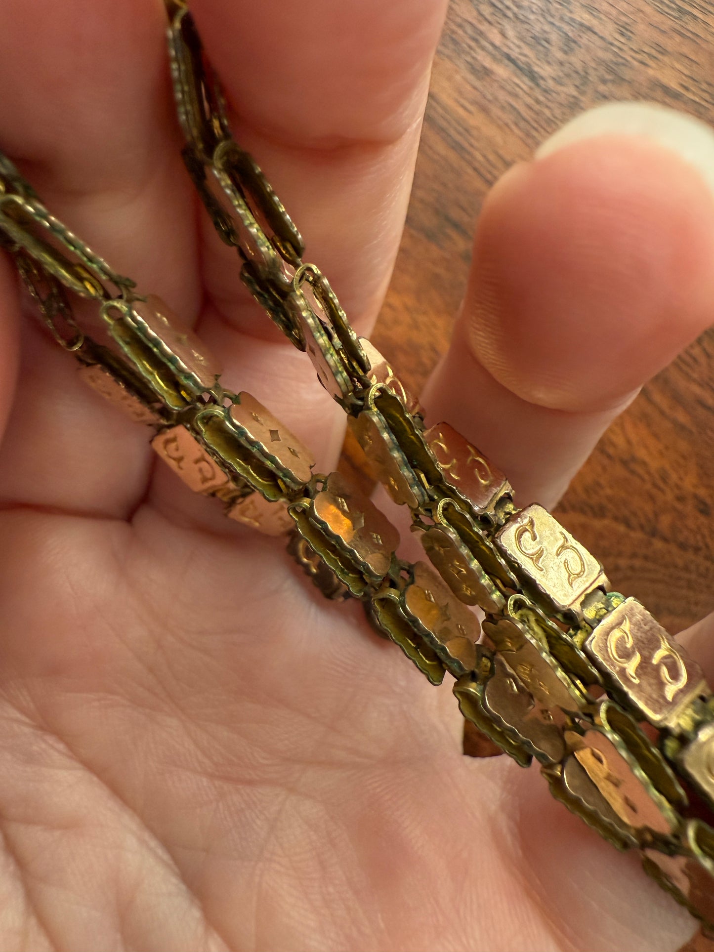 VICTORIAN Antique Book CHAIN Shimmering Necklace Gold Fill Rectangular Link Reversible Swirl Design Dog Clip