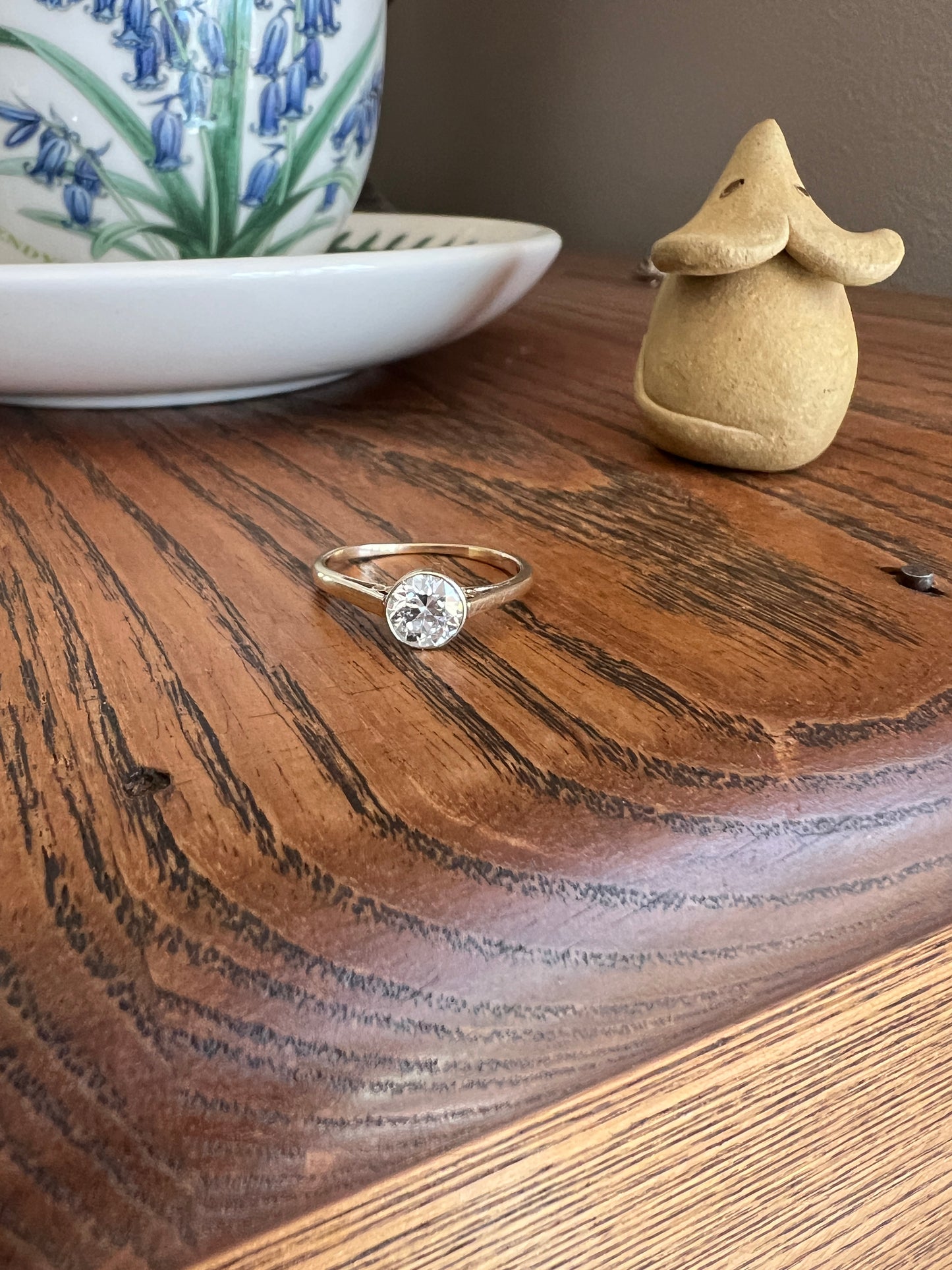 Antique .9 Carat Old European Cut DIAMOND Bezel Set Solitaire Engagement Ring Stacker 14k Yellow Gold Wedding