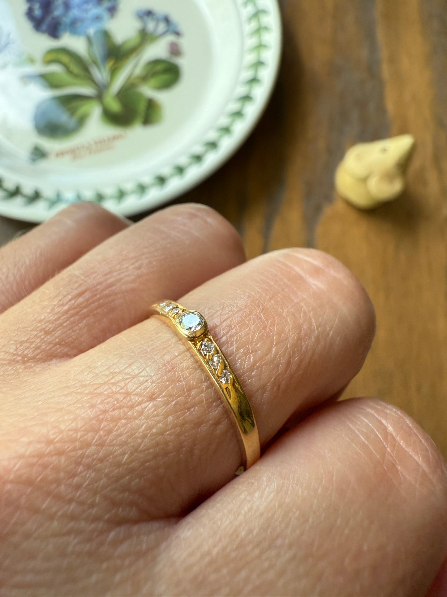 Bezel Set Vintage Skinny Band 18k Gold Solid Stacker Ring Geometric Single Cut Diamonds Seven Stone Skinniest Dainty Minimalist