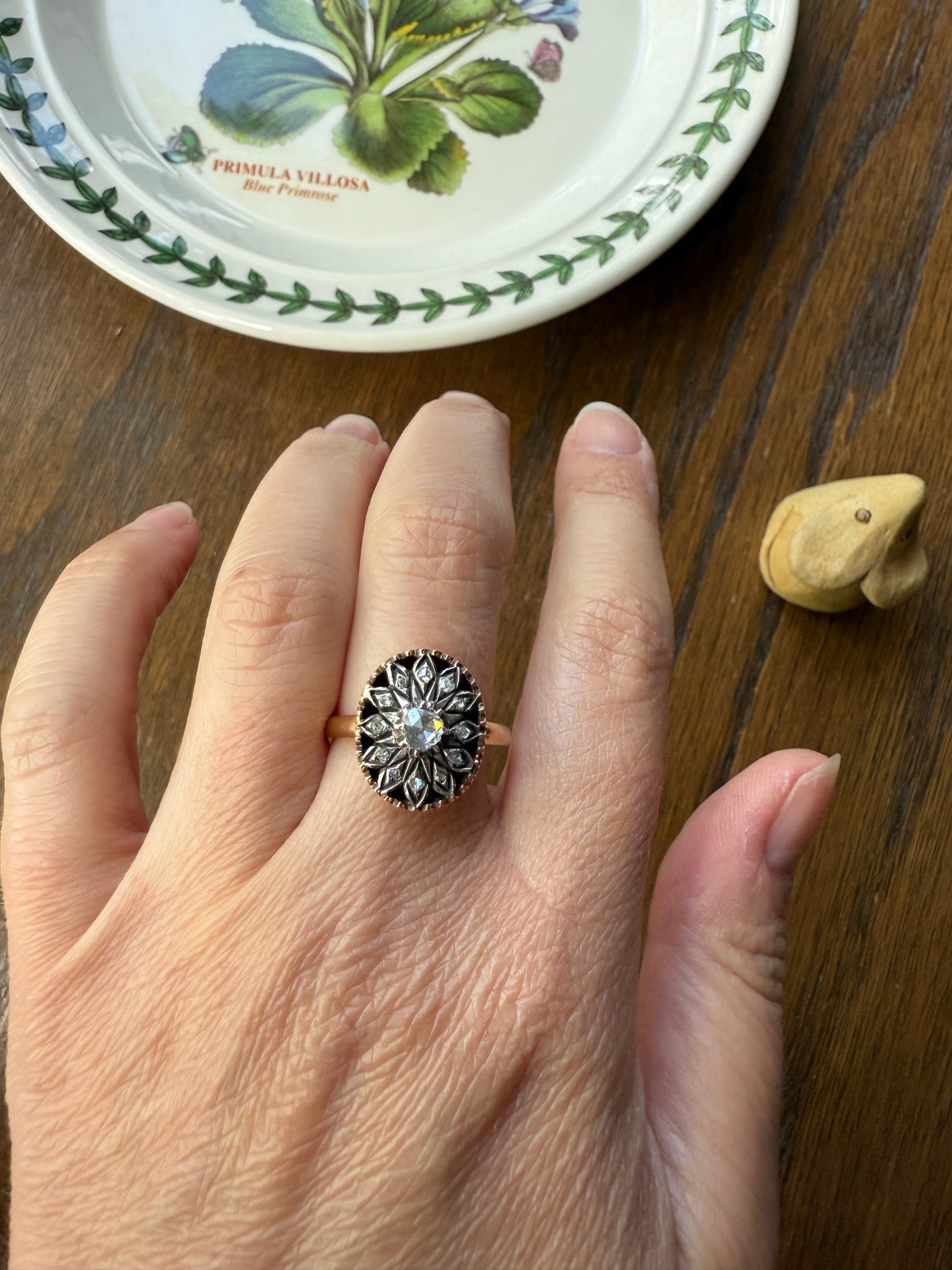 Georgian Era Antique Spanish Iberian Rose Cut Diamond Ring Oval Floral Sunburst Cupped Domed Back 18k Gold Silver