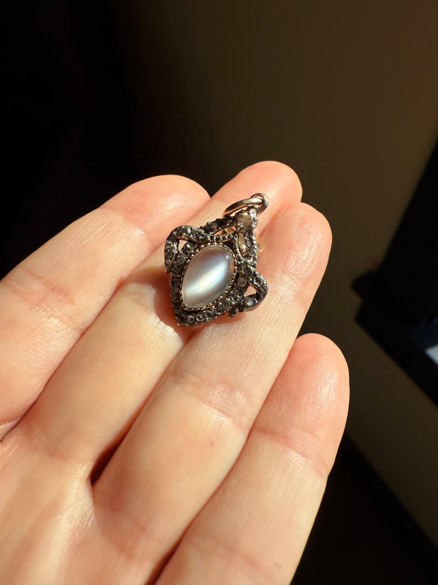 GEORGIAN Antique Bowed HEART Garland Halo Locket Back Pendant 10k Gold Silver Moonstone Rose Cut DIAMOND Magnifier Gift Figural