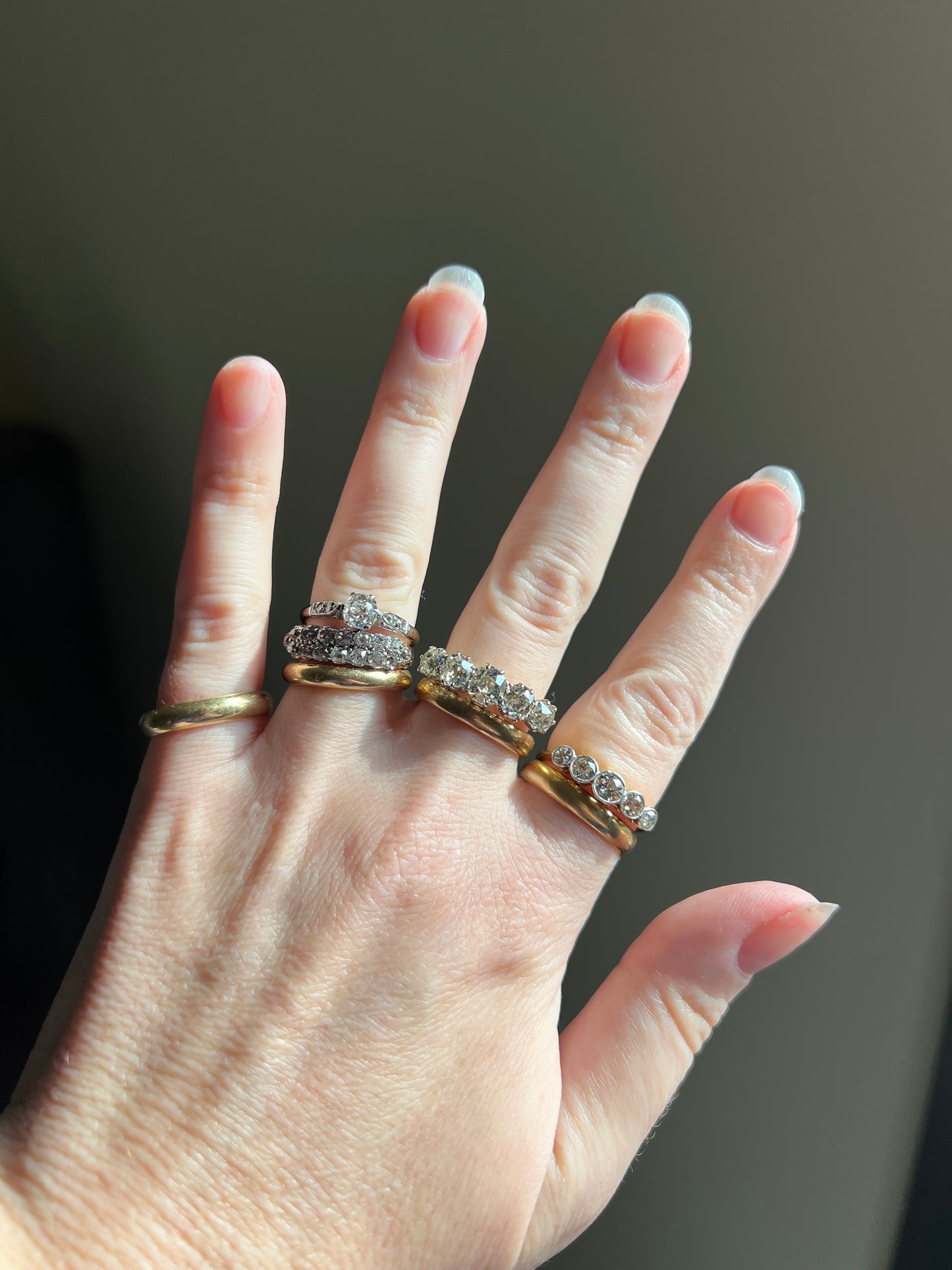 Antique One Carat Champagne White Old Mine Cut DIAMOND 18k Gold Platinum Five Stone Ring Bezel Set Band