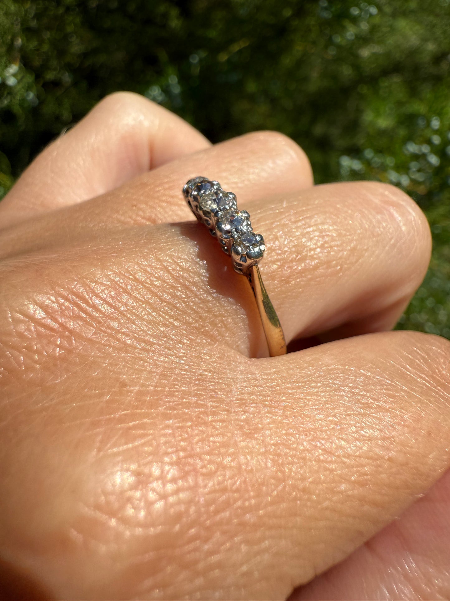 TALL Antique 0.6 Ctw Five Stone Old Mine Cut Diamond 18k Gold Platinum Band OMC Champagne