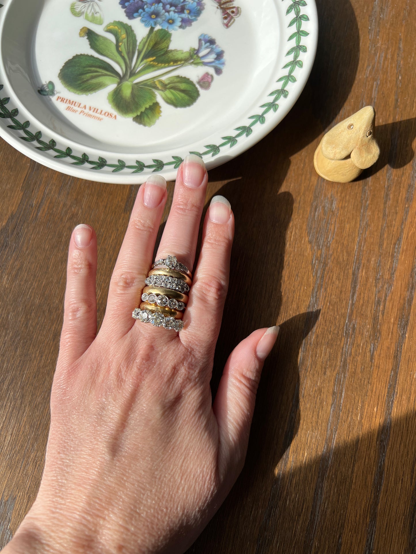 Antique One Carat Champagne White Old Mine Cut DIAMOND 18k Gold Platinum Five Stone Ring Bezel Set Band
