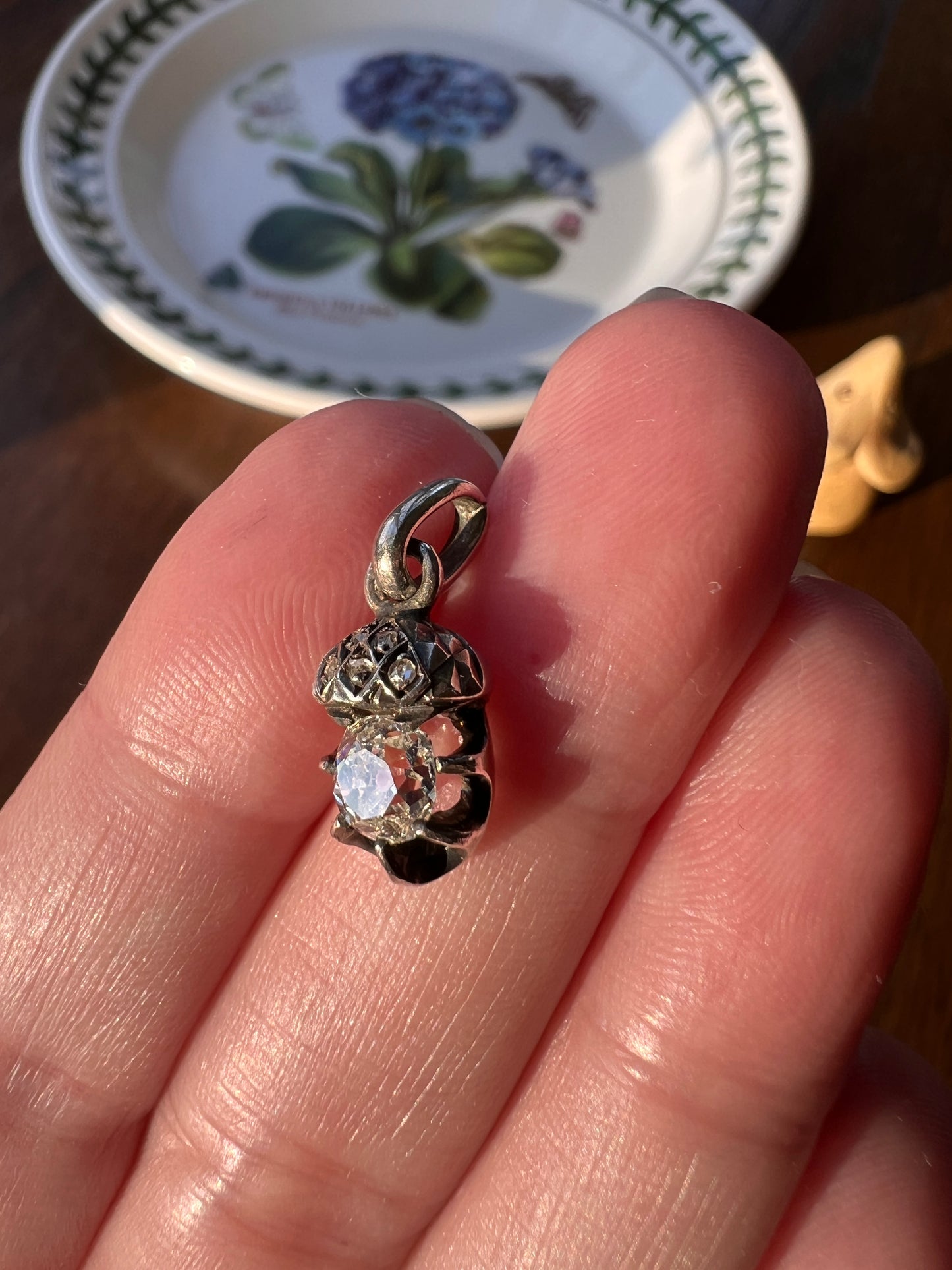 ACORN Eye Clean .65 Carat Old Mine Cut DIAMOND Rose Cut French Victorian ANTIQUE Figural Pendant 18k Gold Silver