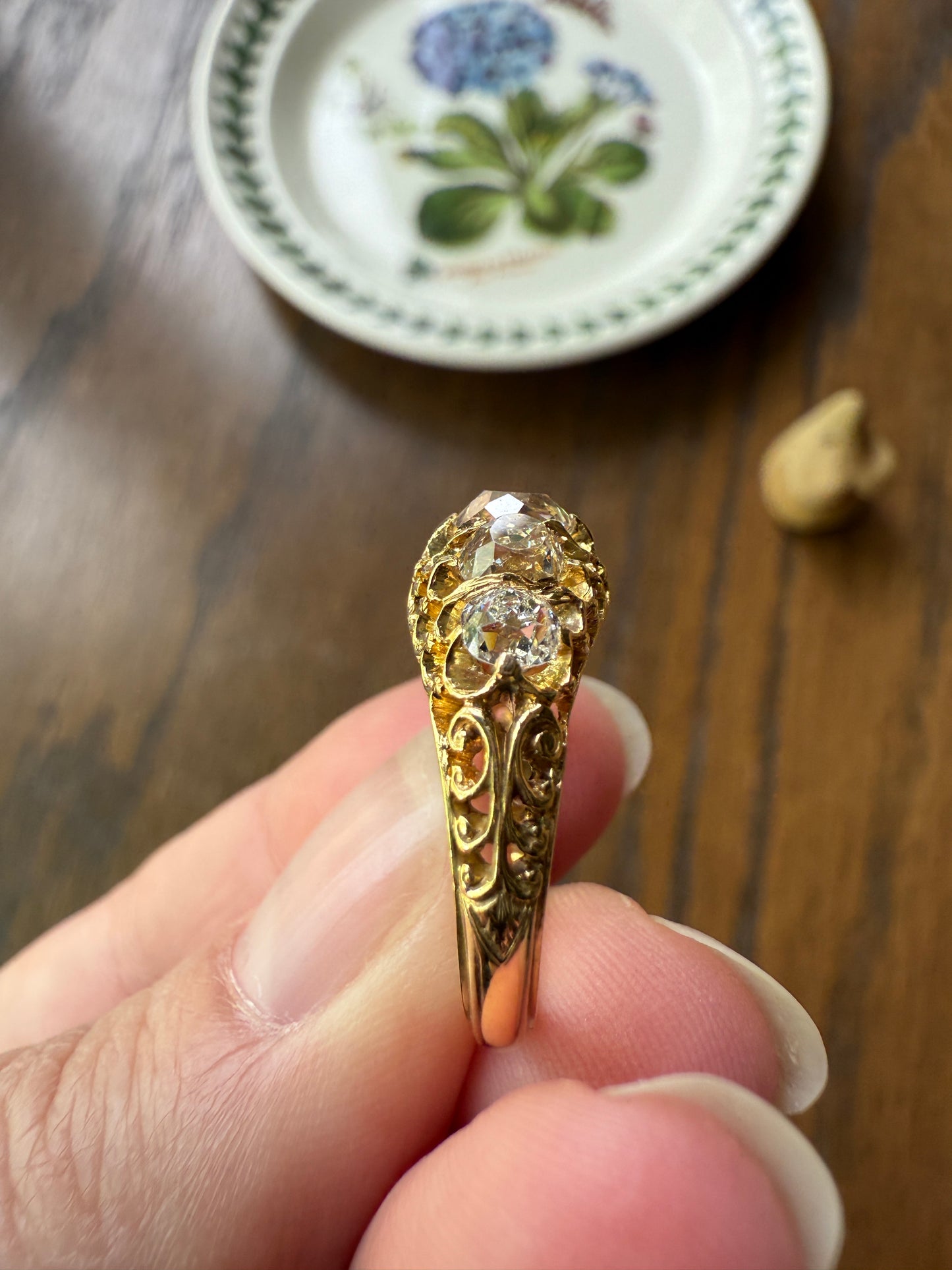 Most Ornate Victorian Antique Chunky Five Stone 1.8 Carat Old Mine Cut Diamond Band 18k Gold Ring Stacker Crown Prongs