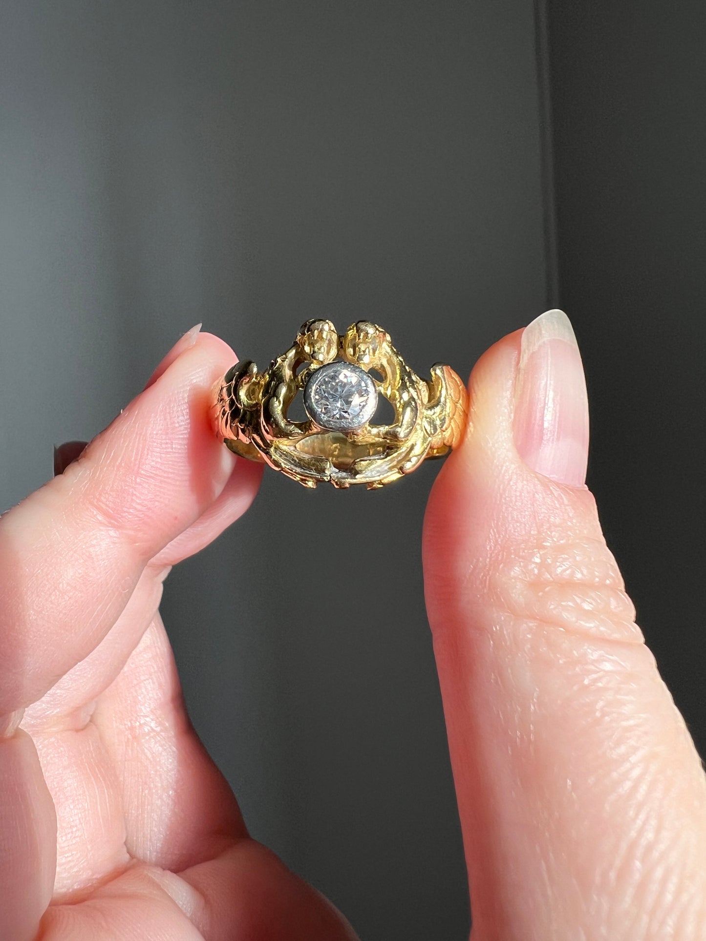 HEAVY Double DRAGON French Antique .3 Ctw Old European Cut DIAMOND RiNG 10g 18k Gold Gift Victorian Figural Unisex