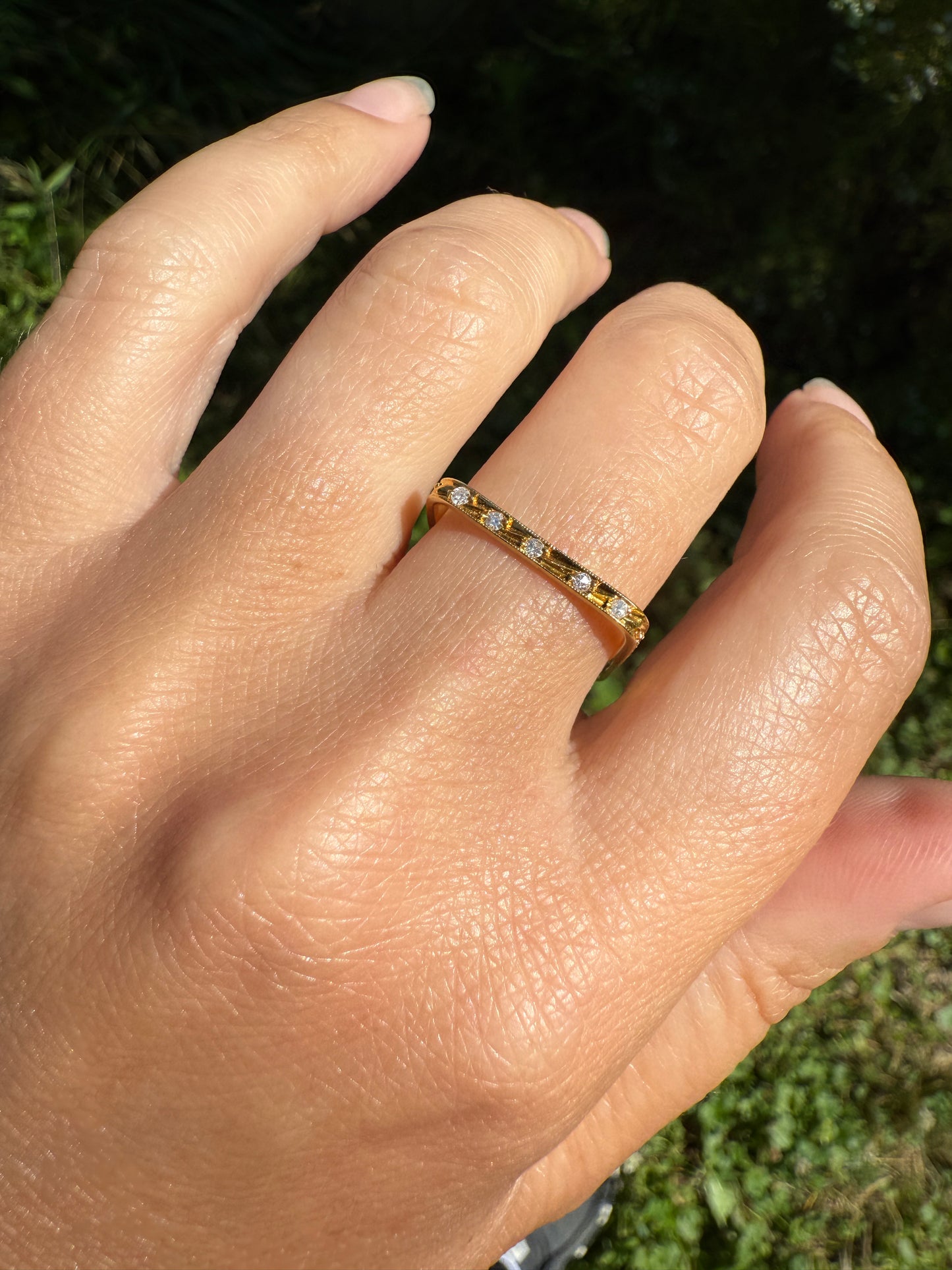 SQUARE Unique Vintage Skinny Band 18k Gold Solid Stacker Ring Geometric Single Cut Diamonds Seven Stone Skinniest Dainty Minimalist