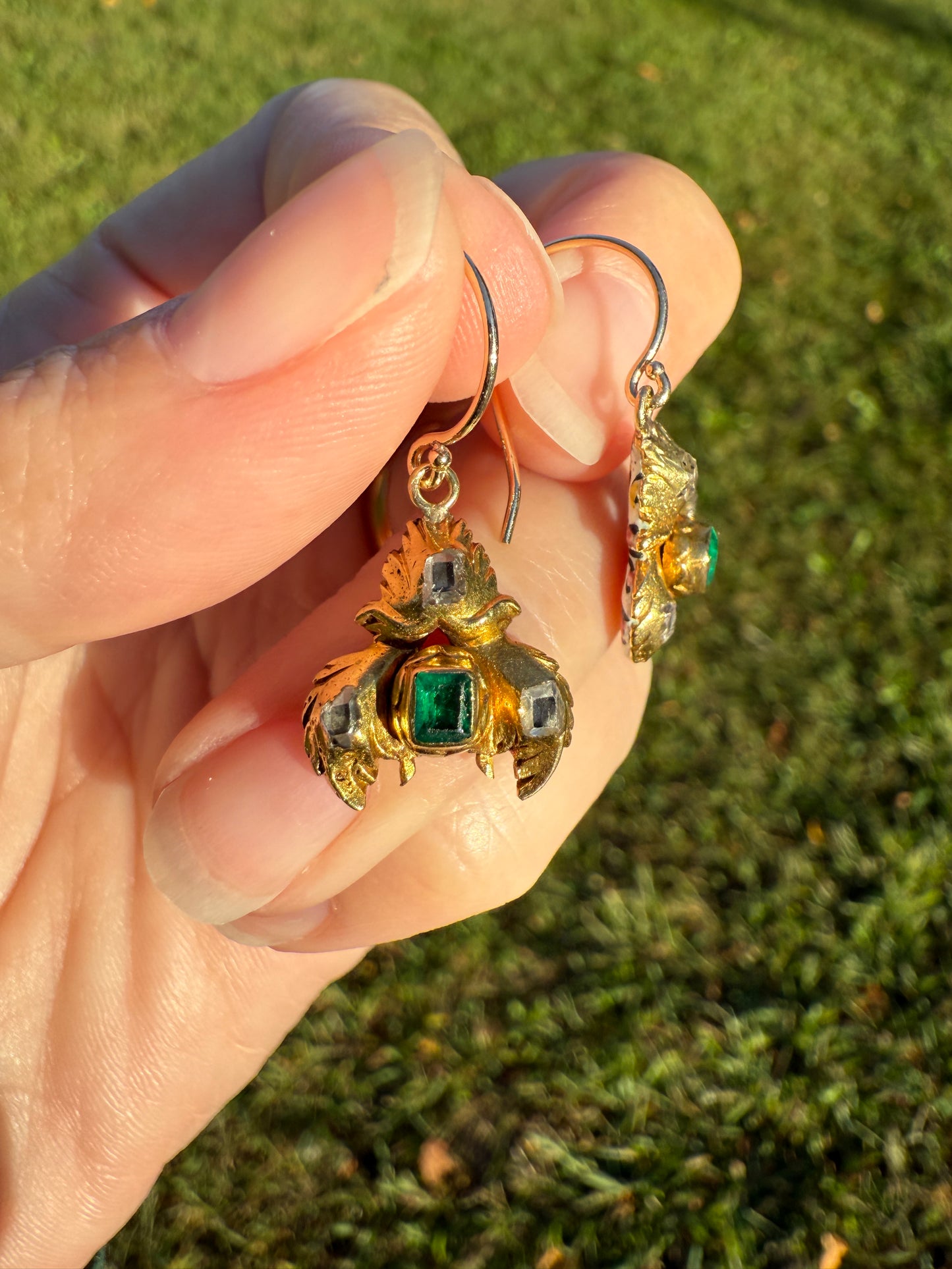 Antique EMERALD Table Cut DIAMOND Enamel Backed 18k Gold & 14k Dangle EARRINGS Georgian Renaissance Revival Green One of a Kind