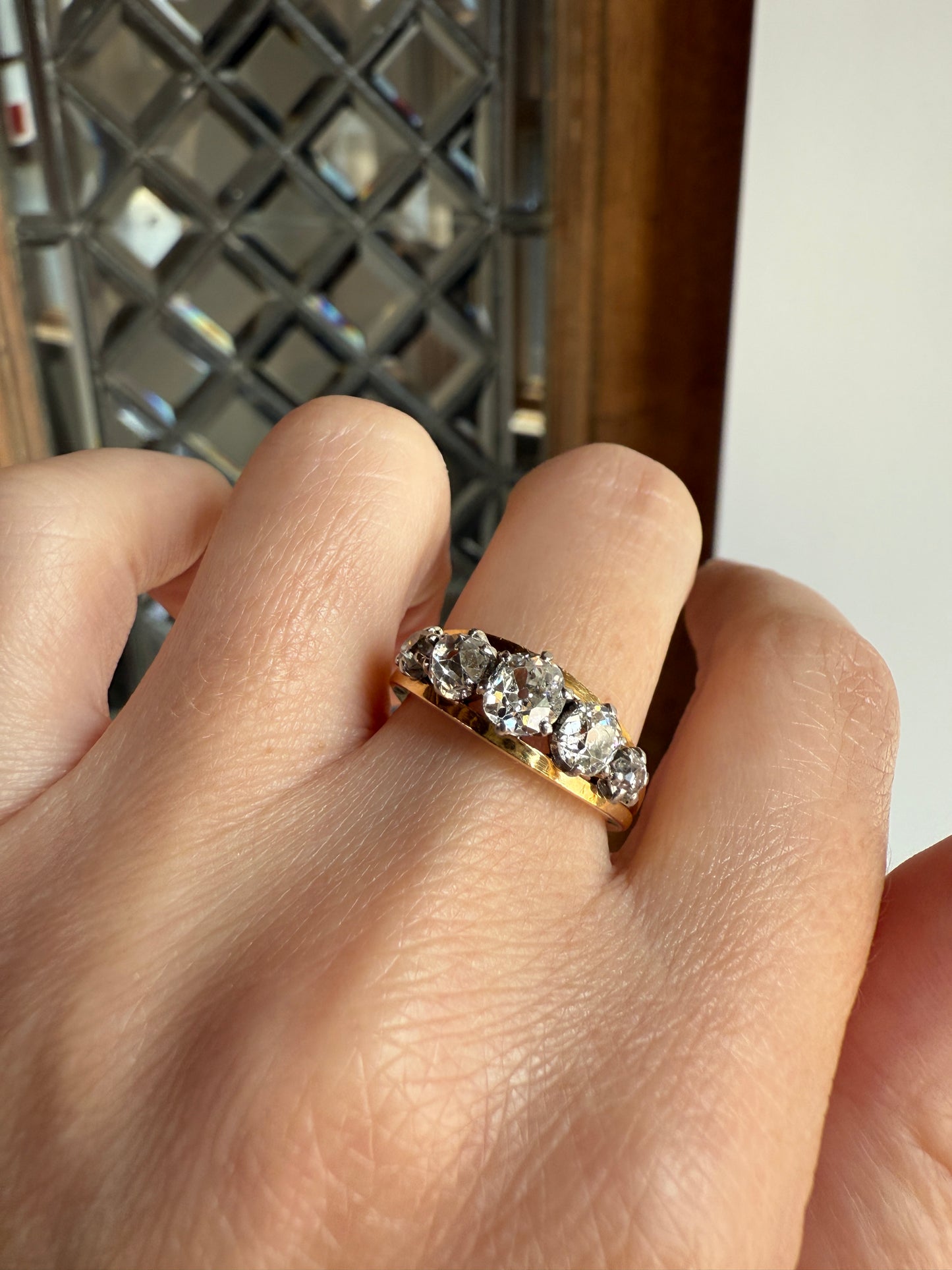 TALL French Vintage Ring 1.65 Carat Antique Old Mine Cut DIAMOND Five Stone Wide Band 18k Gold Platinum Solid Stacker Chunky