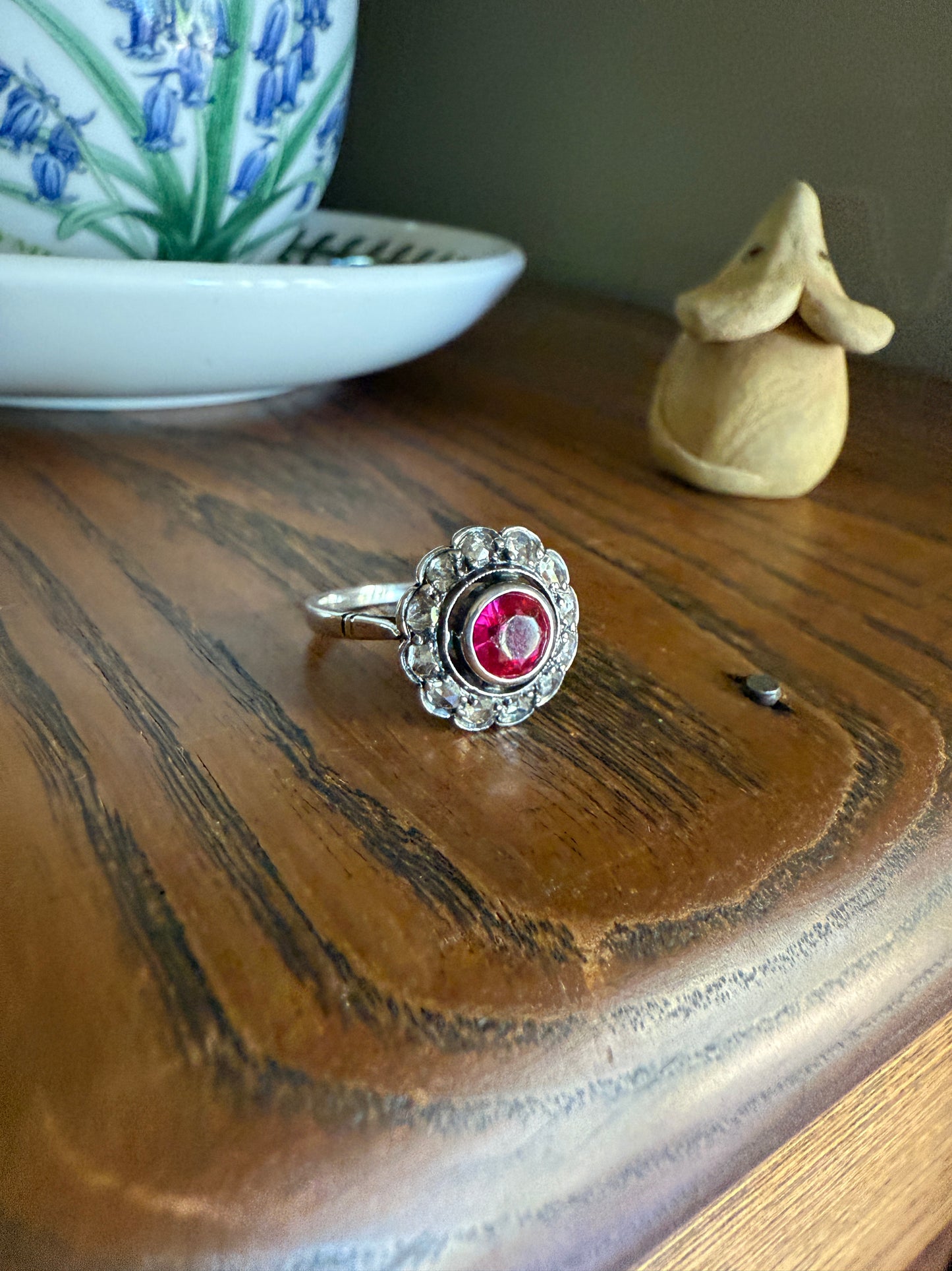 Antique Ruby & Rose Cut Diamond Halo Cluster Ring Pink Red Solid Silver French Edwardian Stacker