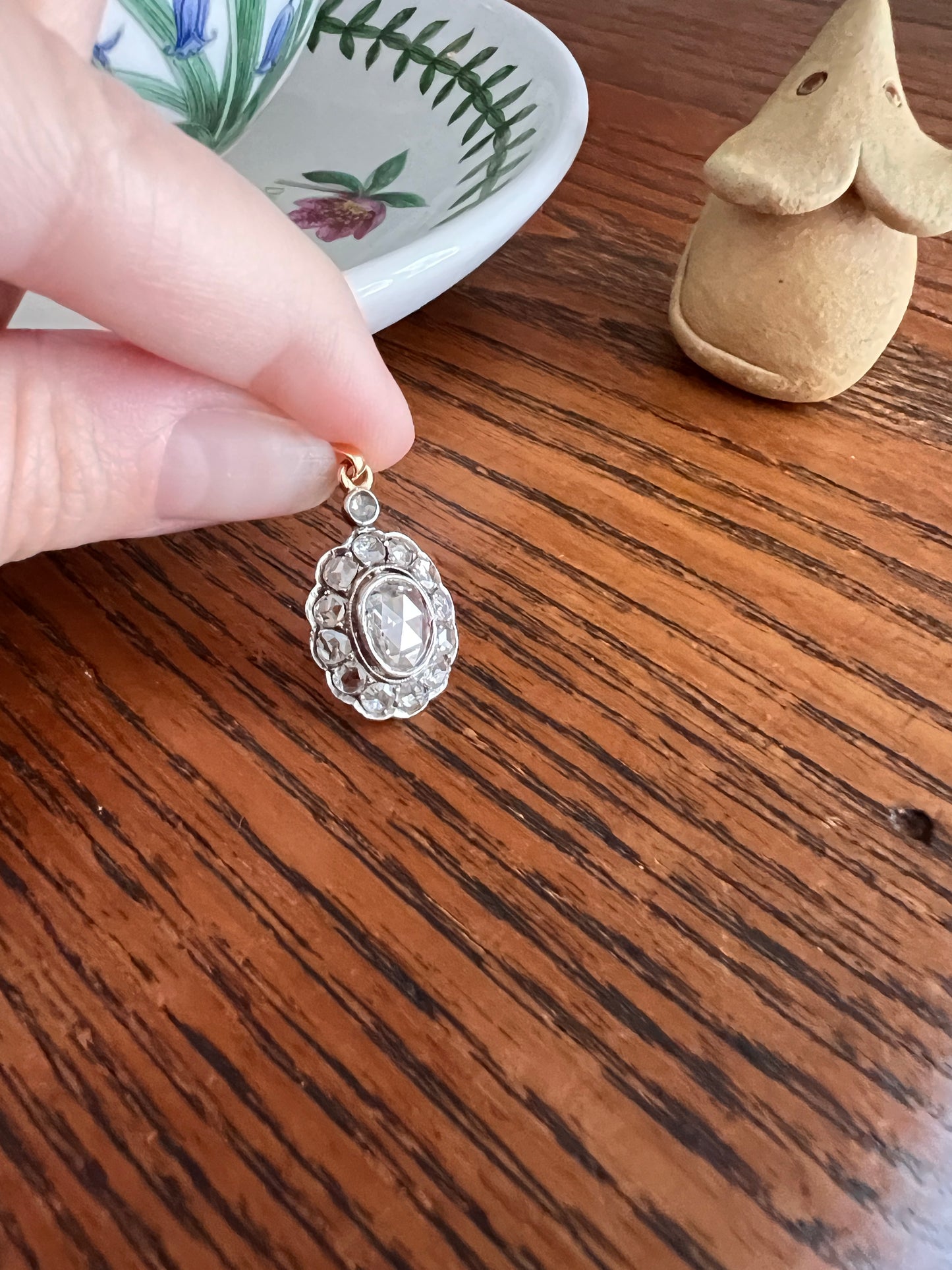 Large Antique Halo Cluster PENDANT 2 Carats Rose Cut DIAMOND French 18k Gold Silver