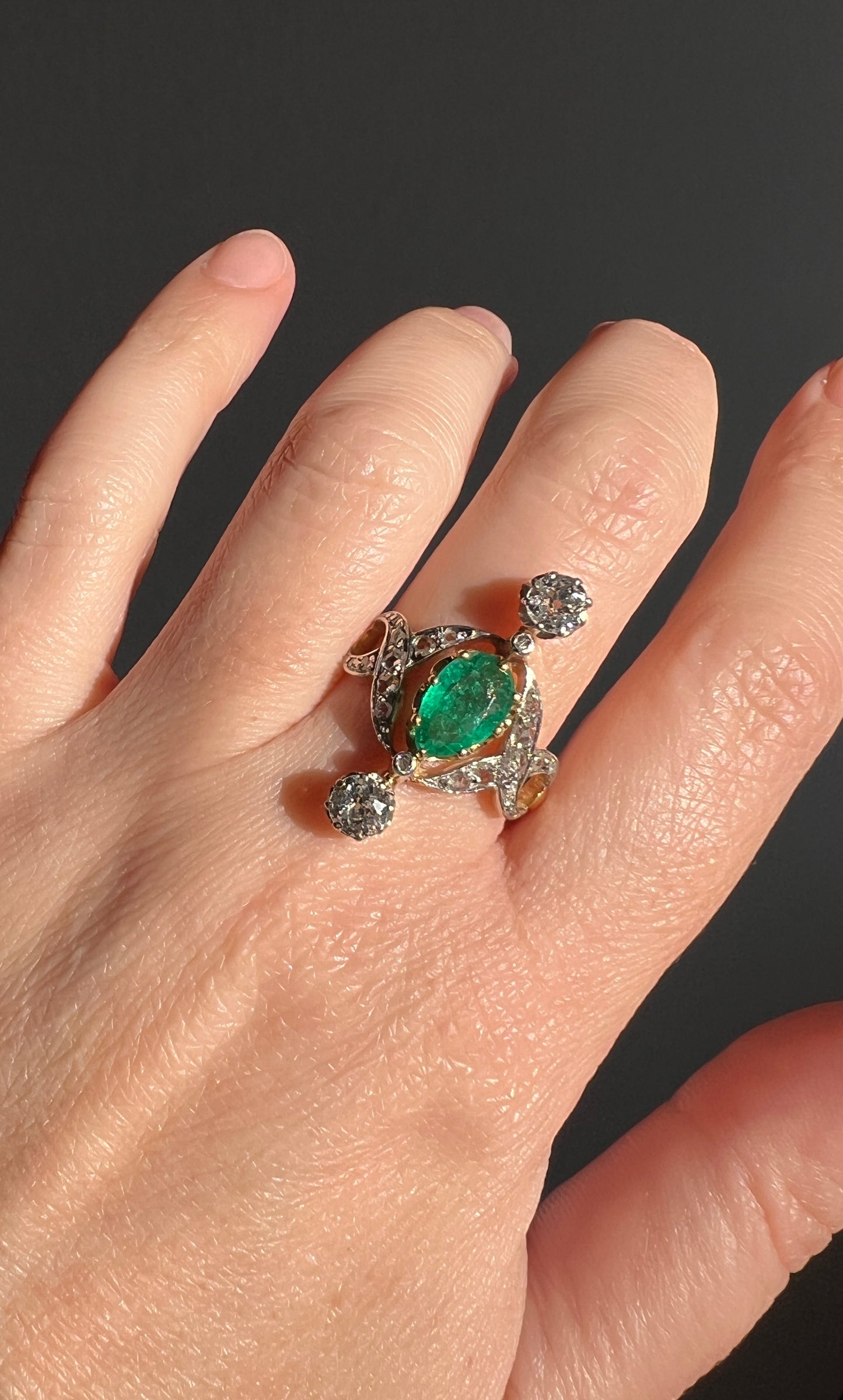 Antique Belle Epoque Pear EMERALD 1.5 Carat Rose Old Mine Cut Diamond XL Swirl Ring French 18k Gold