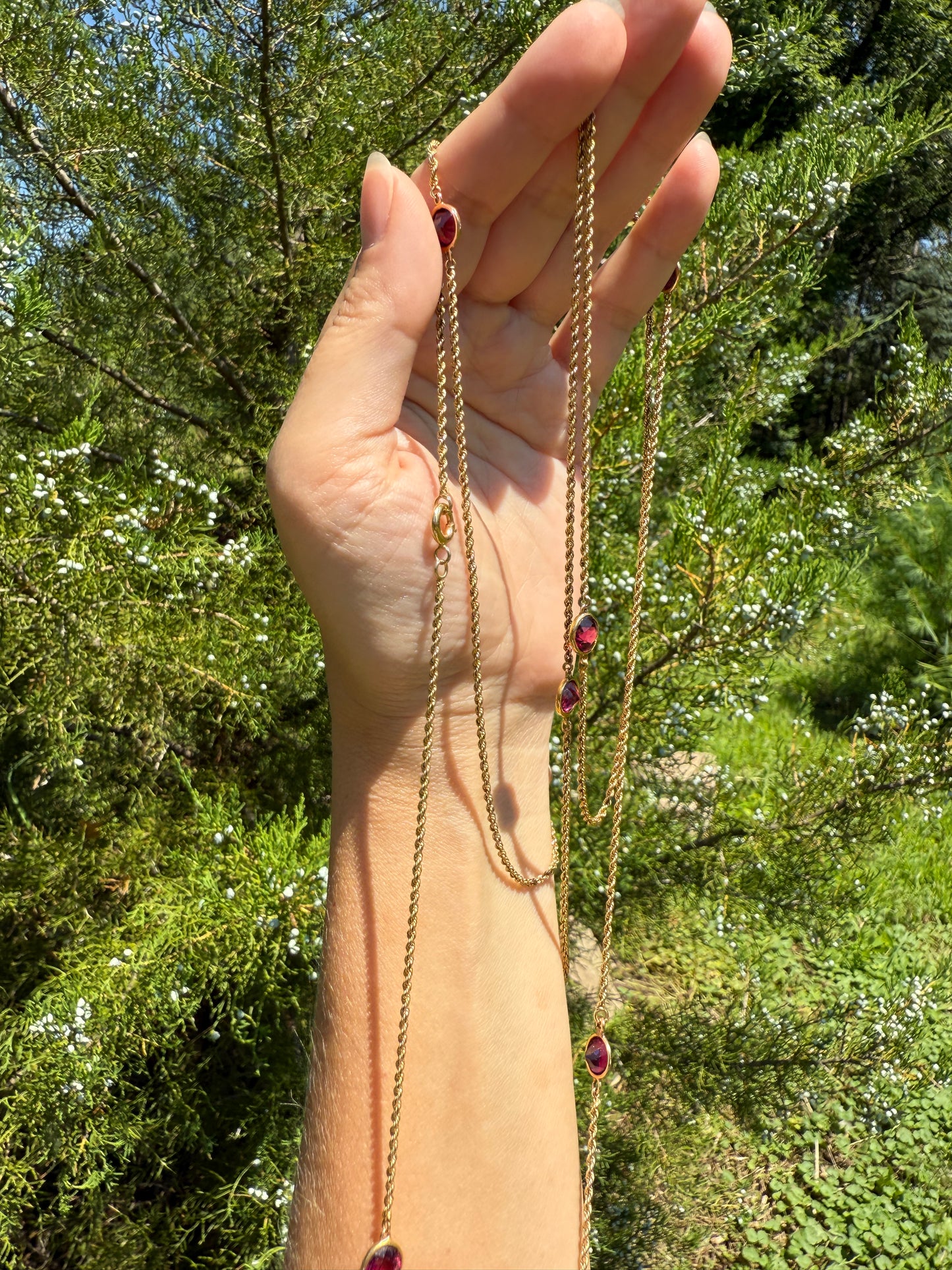 Victorian X Long Antique GARNET Station Chain Guard 67 Inch (!) 5.5 FEET 22g 14k GOLD Necklace Berry Pink Purple Neckmess Body Chain Gift