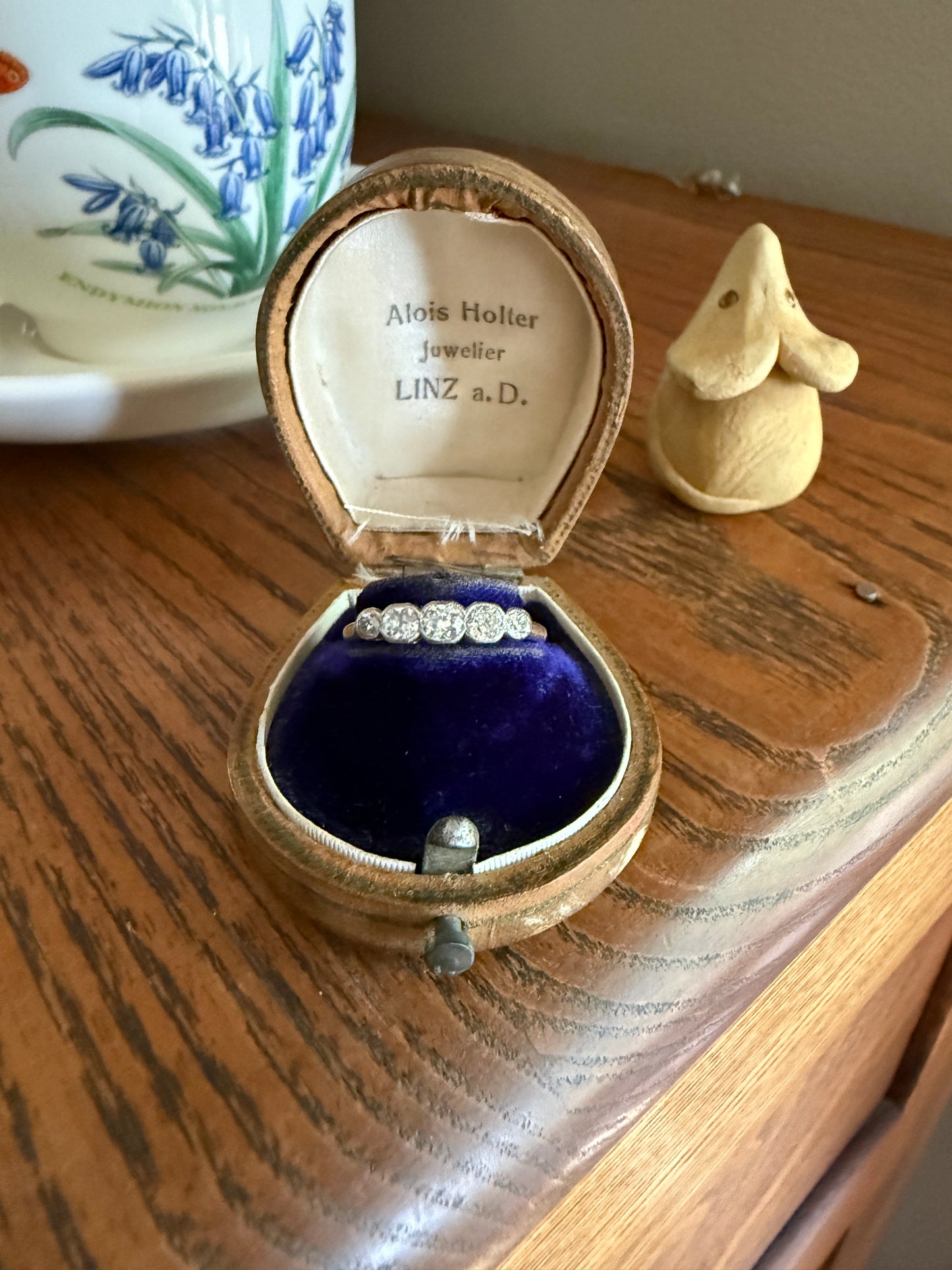 Antique Bezel Set Five Stone 0.6 Carat Old Mine Cut Diamond Ring 18k Skinny Band Stacker