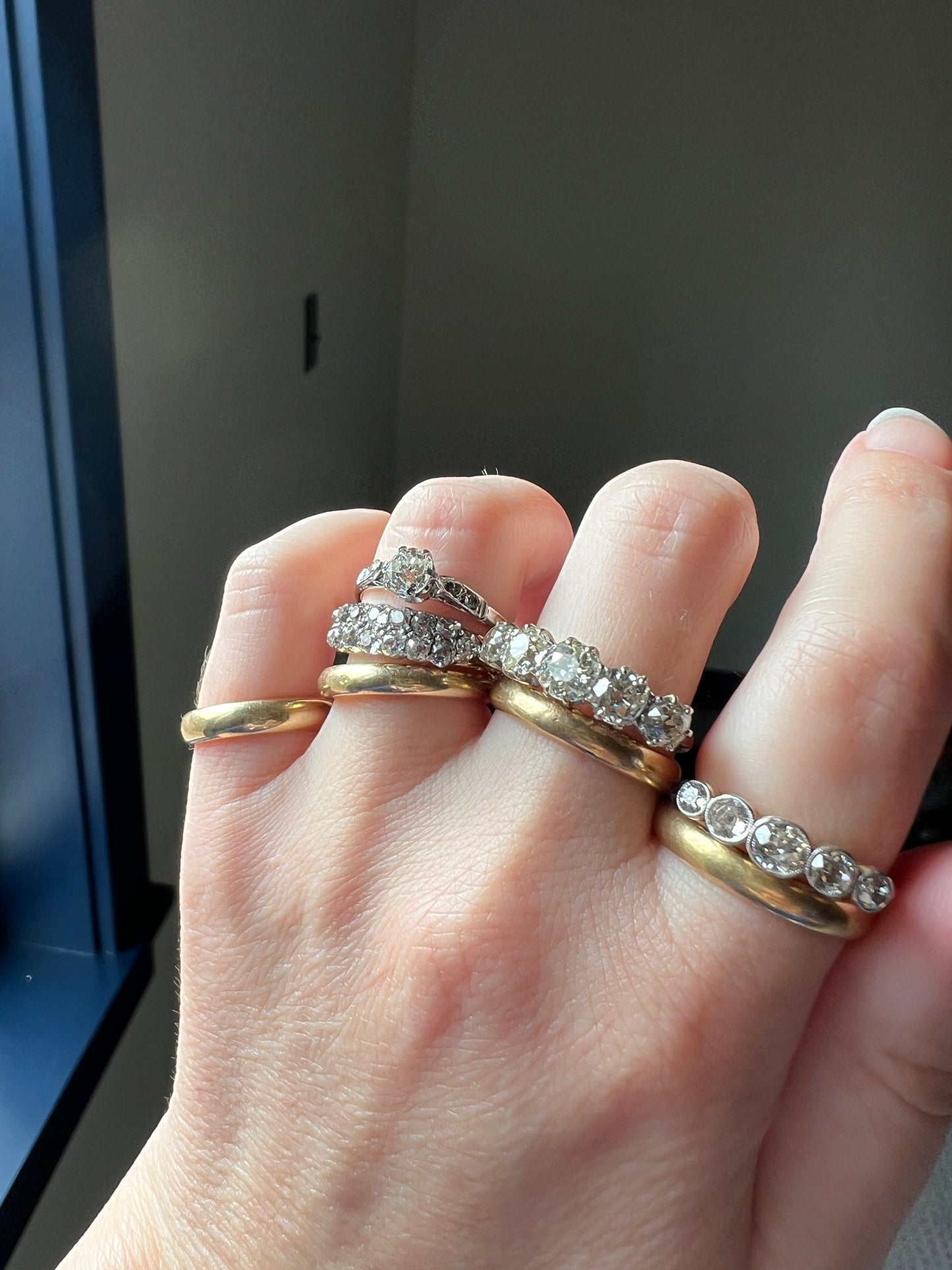 Antique One Carat Champagne White Old Mine Cut DIAMOND 18k Gold Platinum Five Stone Ring Bezel Set Band