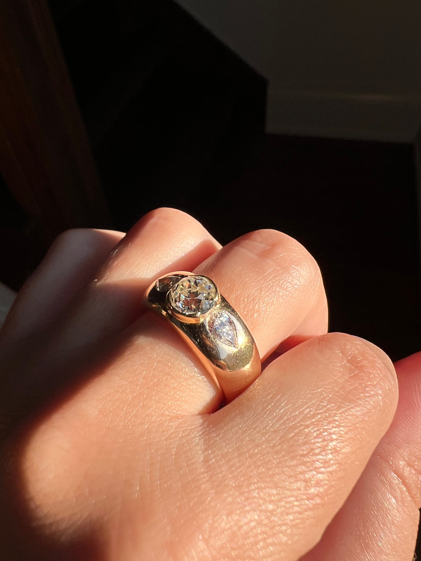 Chunky 1.75 Carat Old Mine Cut DIAMOND Pear Gypsy Ring 10g 18k Gold HEAVY Vintage Stacker 9mm Wide Gypsy Band