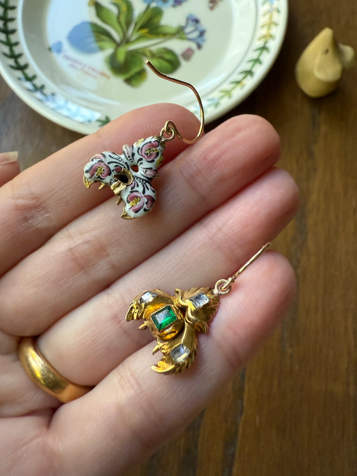 Antique EMERALD Table Cut DIAMOND Enamel Backed 18k Gold & 14k Dangle EARRINGS Georgian Renaissance Revival Green One of a Kind