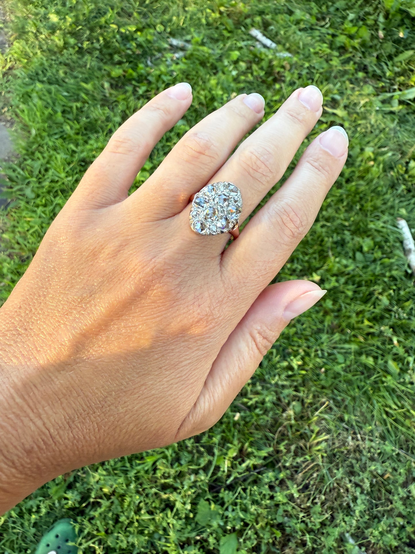 Extraordinary French Antique 3 Carat Scale Dutch Rose Cut DIAMOND 18k Gold Platinum Cluster Oval Stacker Rare Disco Ball Bauble