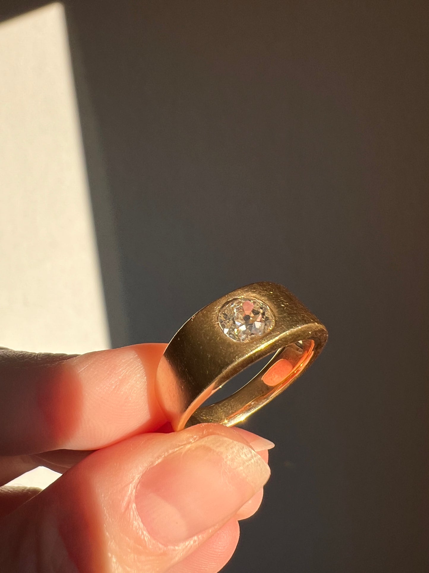 HEAVY .8 Carat Antique Eye Clean Old Mine Cut DIAMOND French Vintage 13g 18k Gold Gypsy Band Ring Solitaire Gift Stacker Chunky Unisex Man