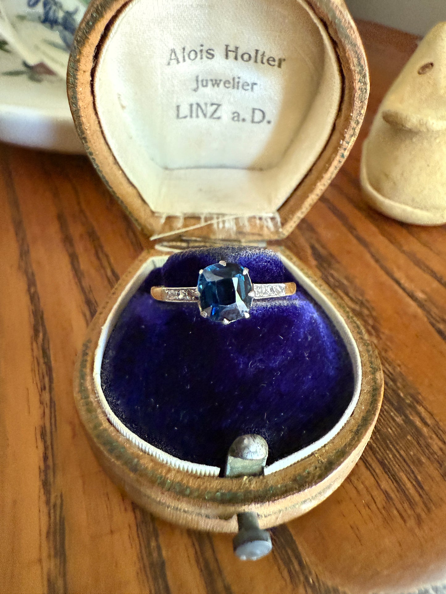 French Antique Old Cut Peacock Blue Green SAPPHIRE Rose Cut DIAMOND Natural Antique Solitaire w/ Accents Alt Engagement Ring