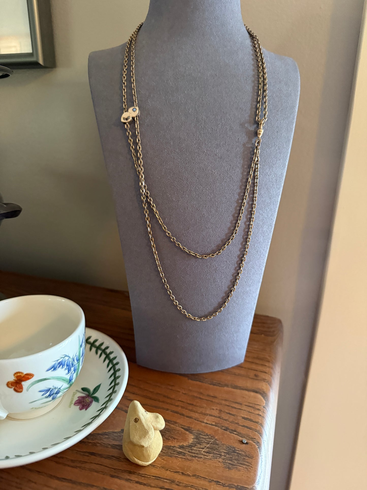 Two HEARTS Moon Star Slide Victorian Art Nouveau Warm Rosy Gold Fill Long Guard Muff Watch Chain Necklace Pearl & Opal