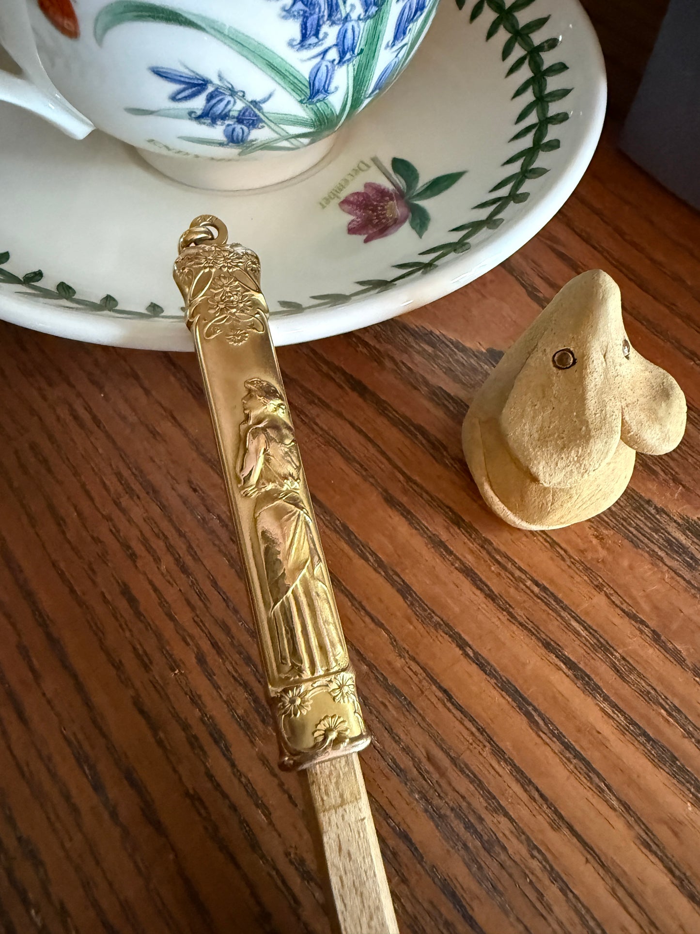 Victorian Lady French ANTIQUE " FIX " Brand Chatelaine Pencil Needle Case Pendant Rosy Gold Fill Forget Me Not Floral
