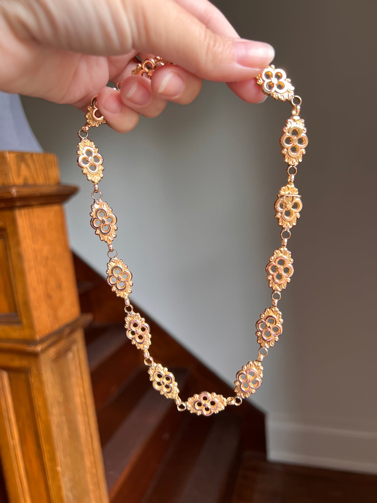 Rare GEORGIAN Era FLORAL Fancy Link Necklace 12mm Book Chain 18k Gold Napoleon Bonaparte Dated Hallmark c1820s 16.25" Long