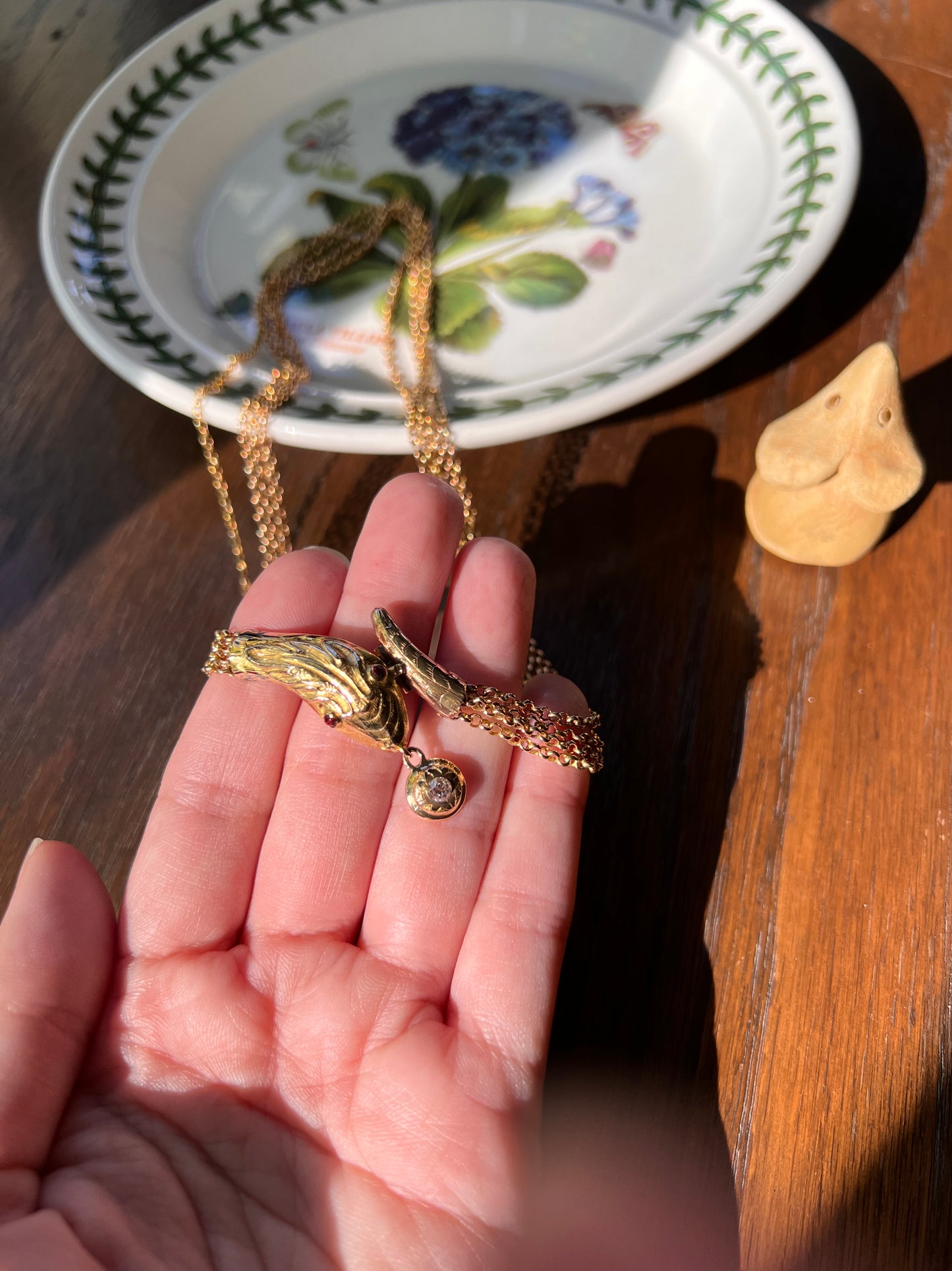 SNAKE Georgian Antique Old Mine Cut DIAMOND Four Multi Strand Cable Chain NECKLACE 18k Gold Figural Serpent Garnet Eyes