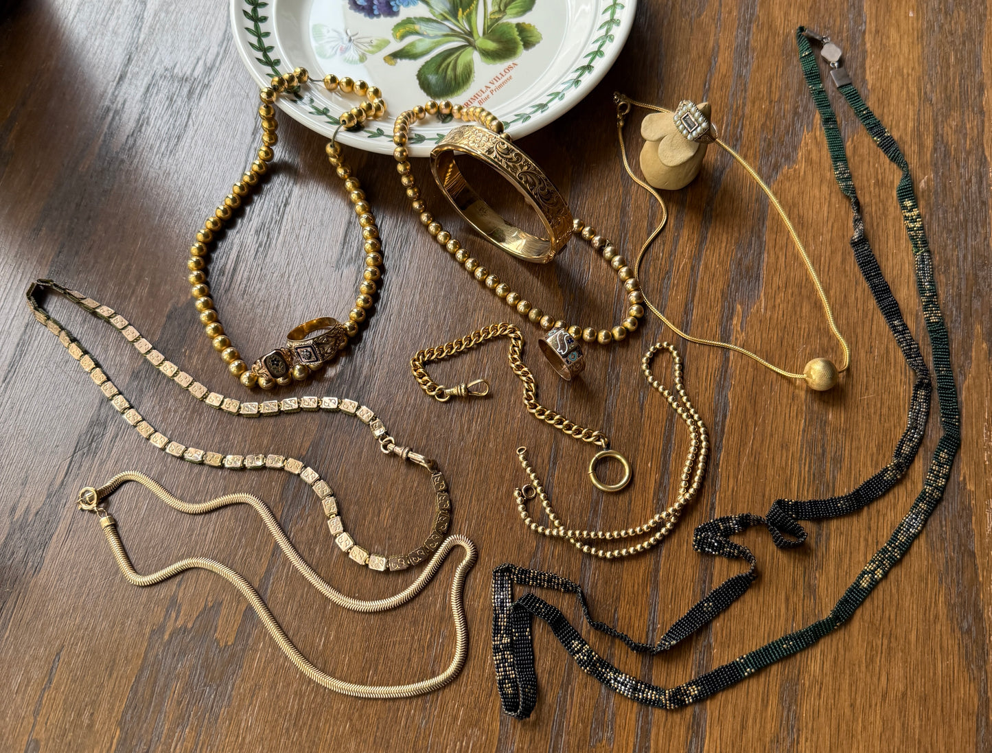 Two HEARTS Moon Star Slide Victorian Art Nouveau Warm Rosy Gold Fill Long Guard Muff Watch Chain Necklace Pearl & Opal