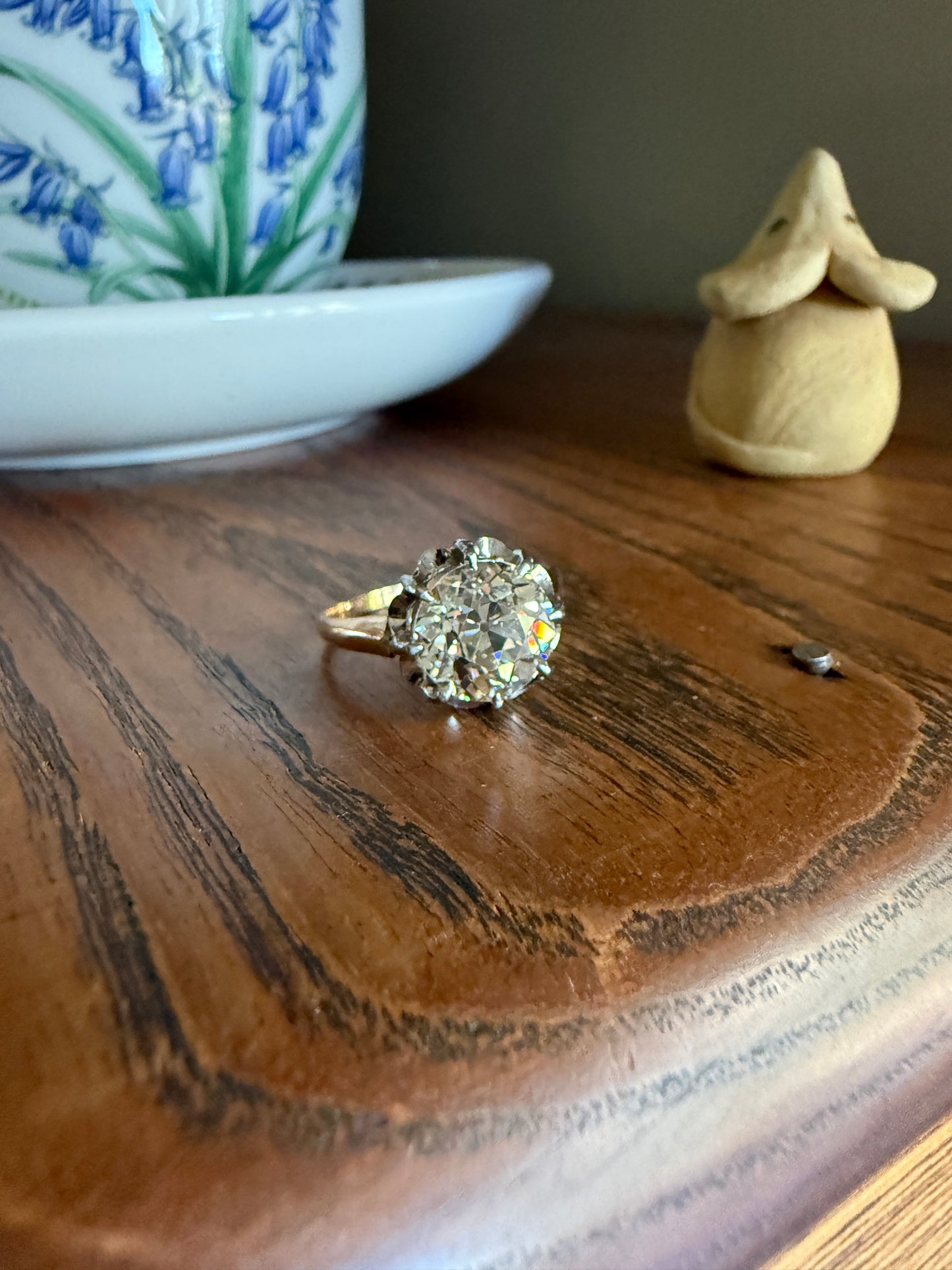 Special French Original Antique 3.5 CARAT Old European Cut DIAMOND Eye Clean Solitaire Engagement Ring 18k Rosy Gold Platinum Fiery OEC