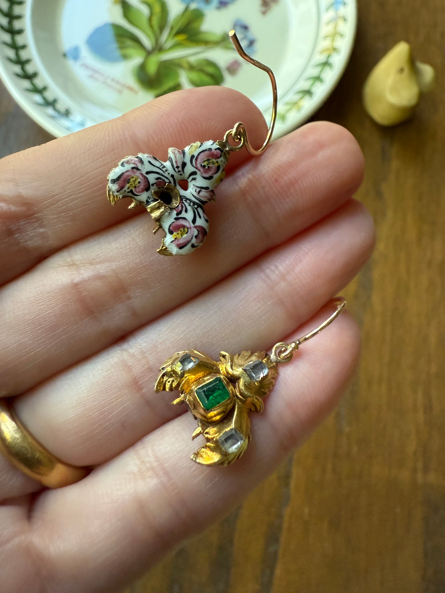 Antique EMERALD Table Cut DIAMOND Enamel Backed 18k Gold & 14k Dangle EARRINGS Georgian Renaissance Revival Green One of a Kind