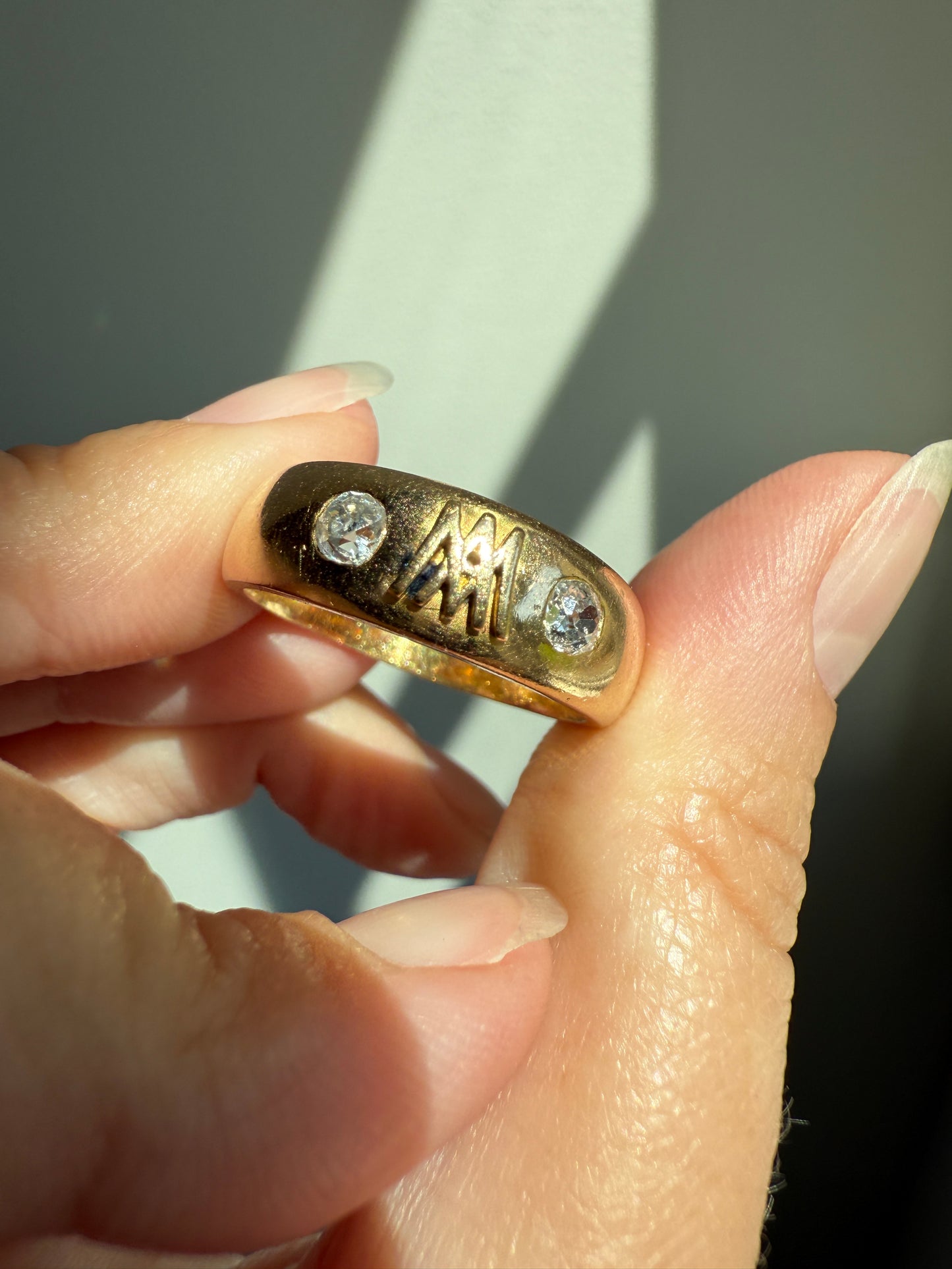 Heavy AM W Old Mine Cut Diamond Gypsy Ring 9.3g 18k Gold Band Solid Chunky Figural Initial Monogram Ring Stacker Man Or Unisex .4 Carat OMC
