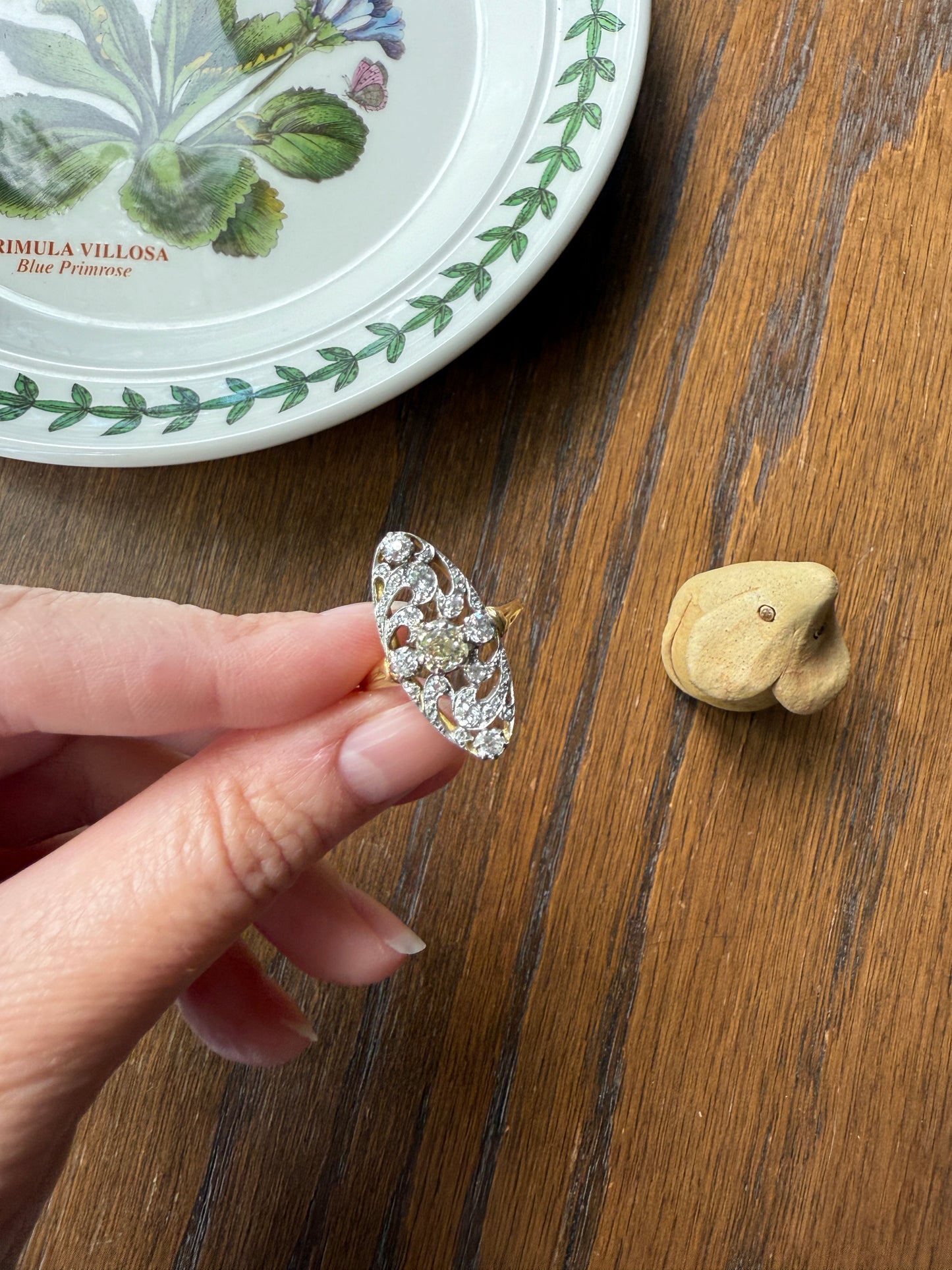 Ornate 1 Carat + French Belle Epoque Oval Old Mine Rose Cut Diamond Pale Light Yellow Center 18k Gold Platinum Scroll