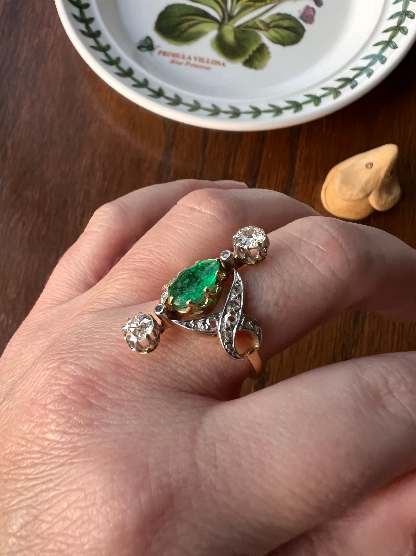 Antique Belle Epoque Pear EMERALD 1.5 Carat Rose Old Mine Cut Diamond XL Swirl Ring French 18k Gold