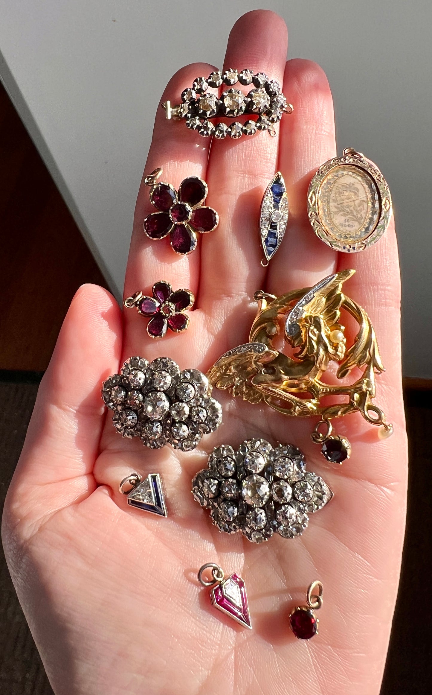 Antique 4.5 Carat Each Rose Old Mine Cut DIAMOND Chunky Scalloped Clip Pendant Lapel Shoe Collar Necklace Two Avail French 9k Gold Silver