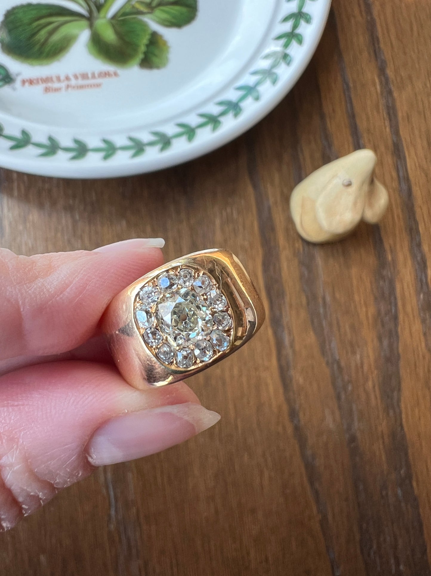 ANTIQUE 1 1/4 Carat Eye Clean Old Mine Cut DIAMONDS Chunky 18k Gold 12mm Wide Cigar Band Cluster Halo Ring French Cobblestone