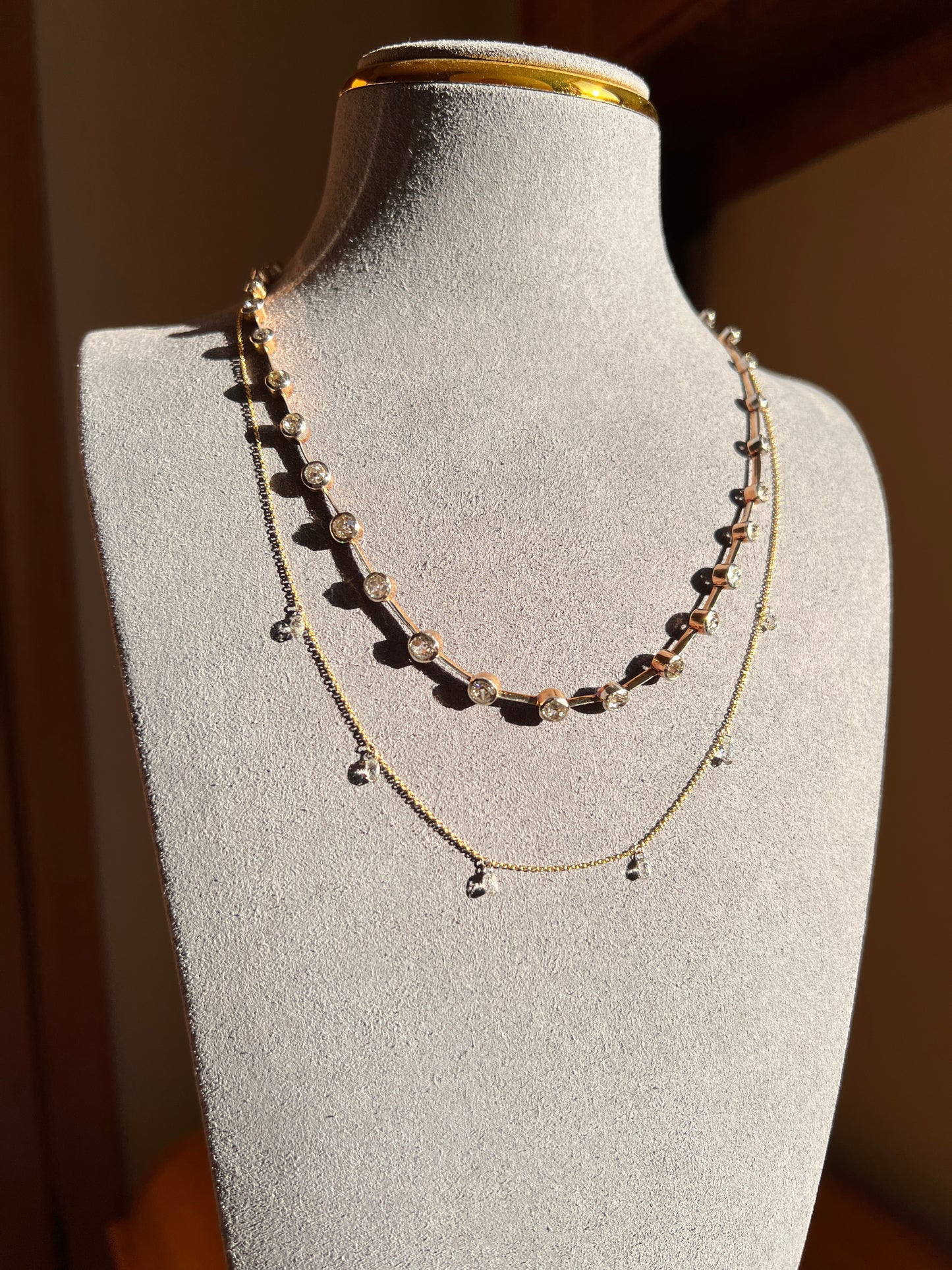 Vintage 1.2 Carat BRIOLETTE Diamonds Multi Drop Necklace 14k Gold Chain Faceted 3D Dangle Pendants