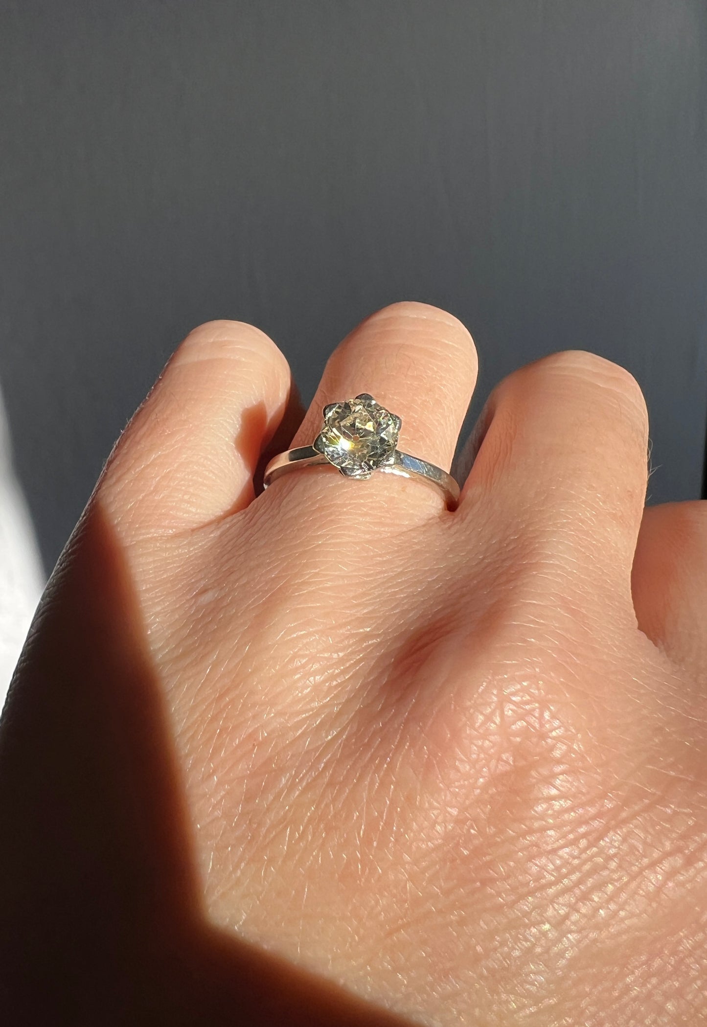 Antique 1 CARAT Old Mine Cut DIAMOND Solitaire Engagement Ring 18k White Gold PLATINUM French Art Deco Warm Very Pale Yellow Tall