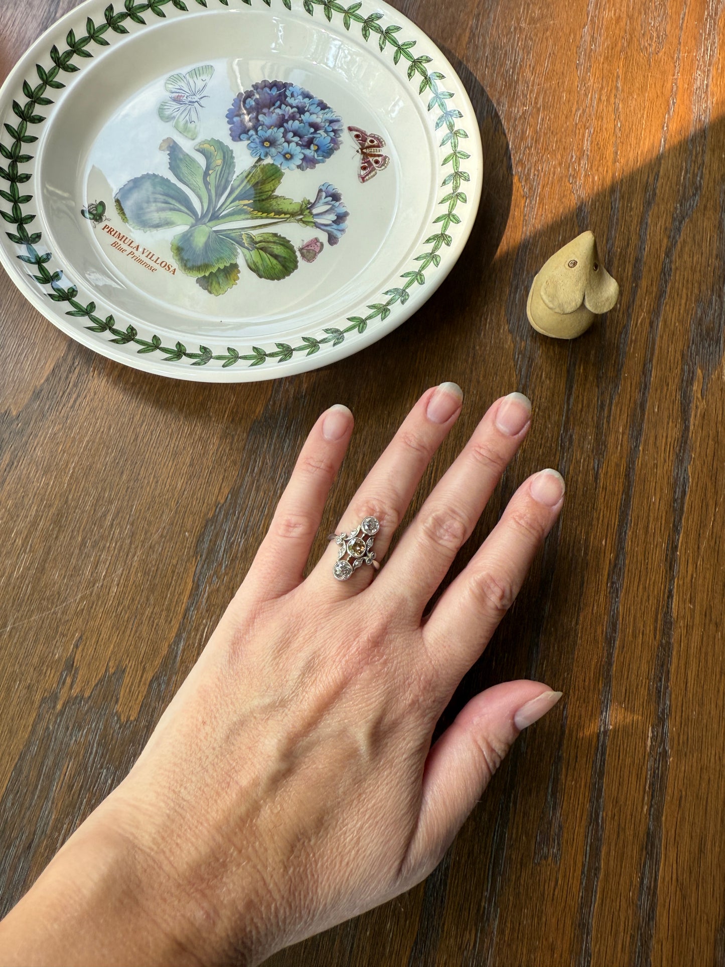 ORNATE Belle Epoque Antique 1.6 Carat Tdw Champagne Fancy Light Brown & White Three Stone Old Mine Cut Diamond Platinum Navette Ring Oval Victorian French