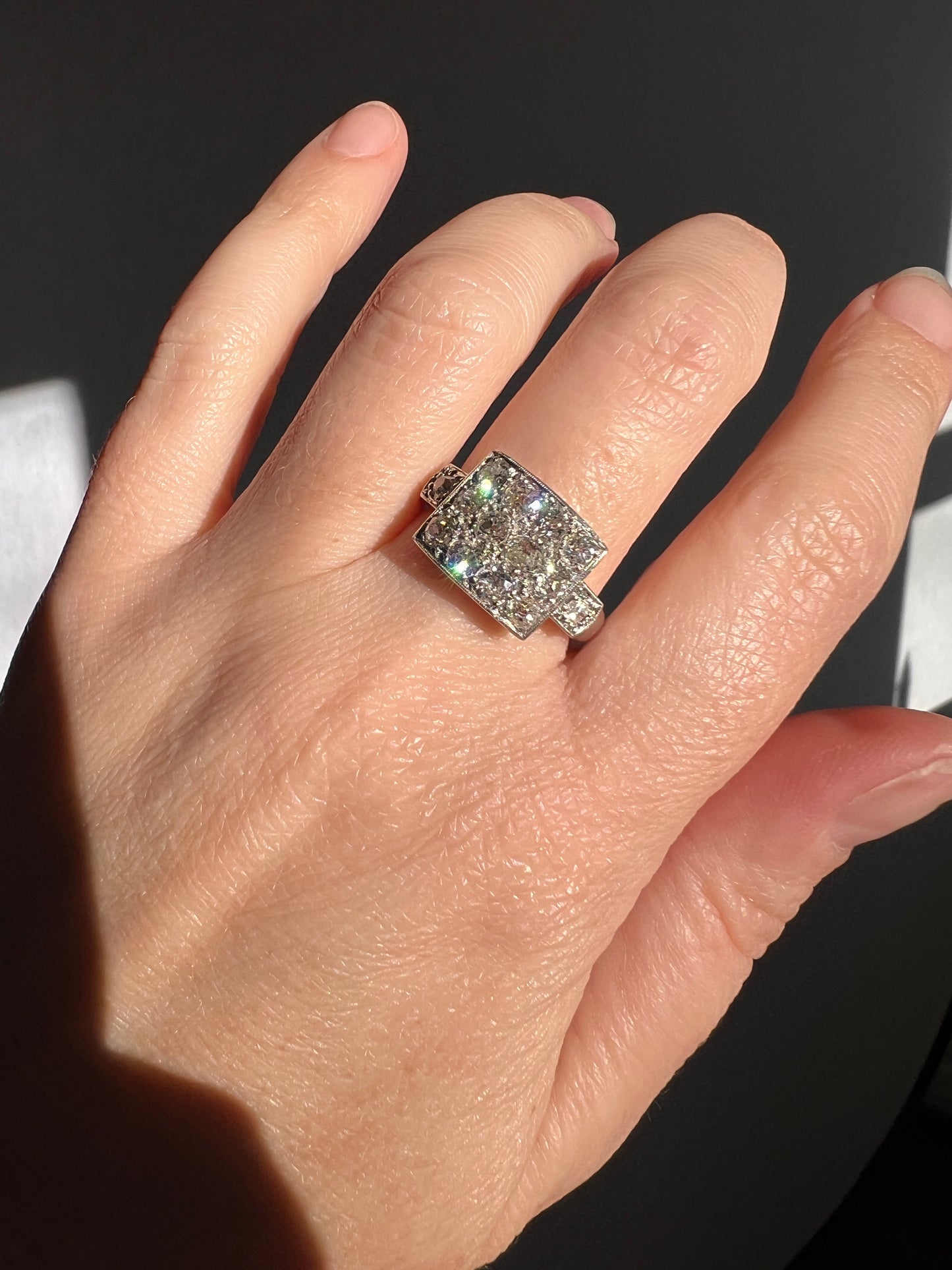 Two Carat 14 Old Mine Cut DIAMOND Curved Cluster Grid Ring French Antique Platinum Cobblestone