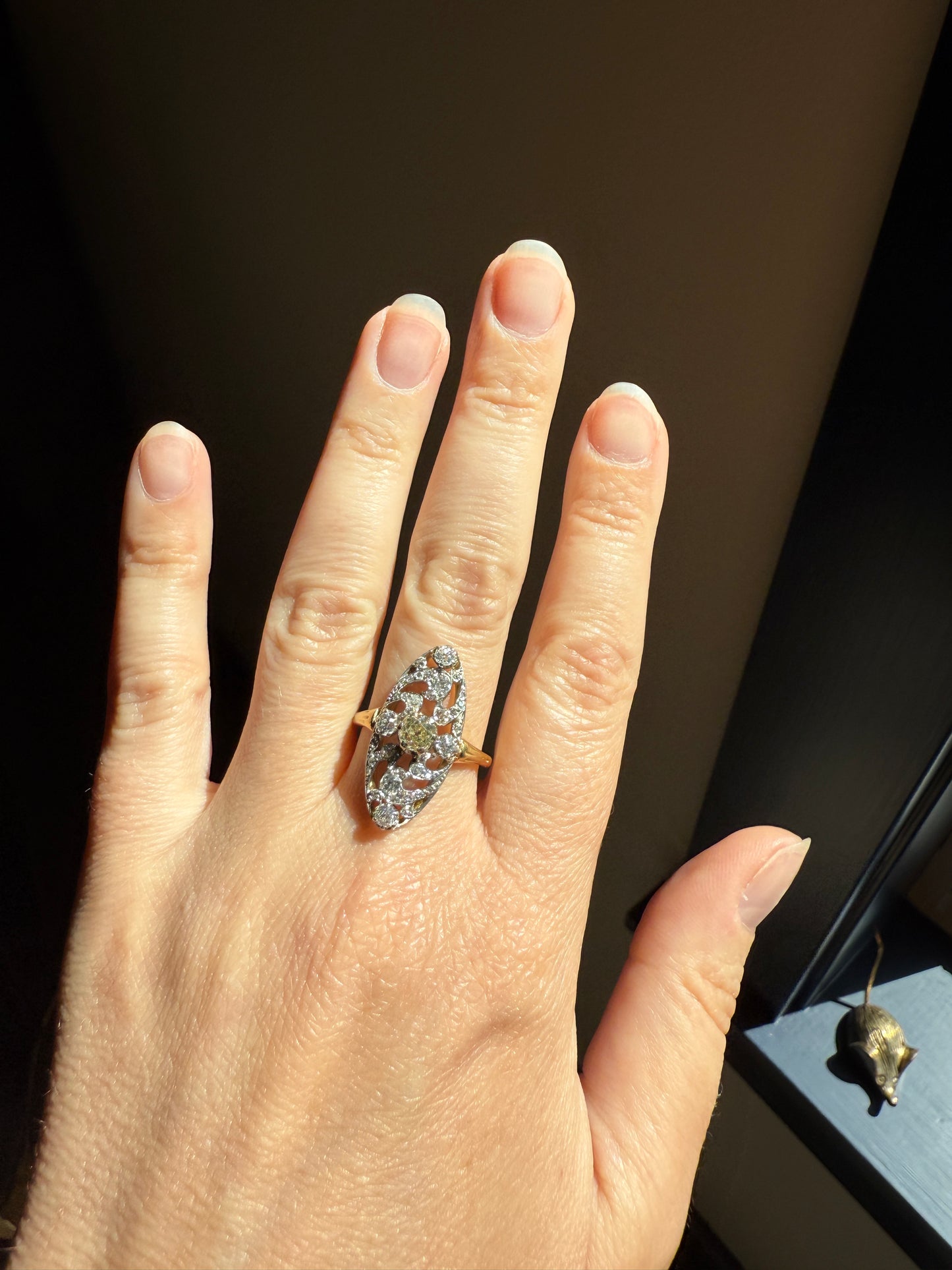 Ornate 1 Carat + French Belle Epoque Oval Old Mine Rose Cut Diamond Pale Light Yellow Center 18k Gold Platinum Scroll
