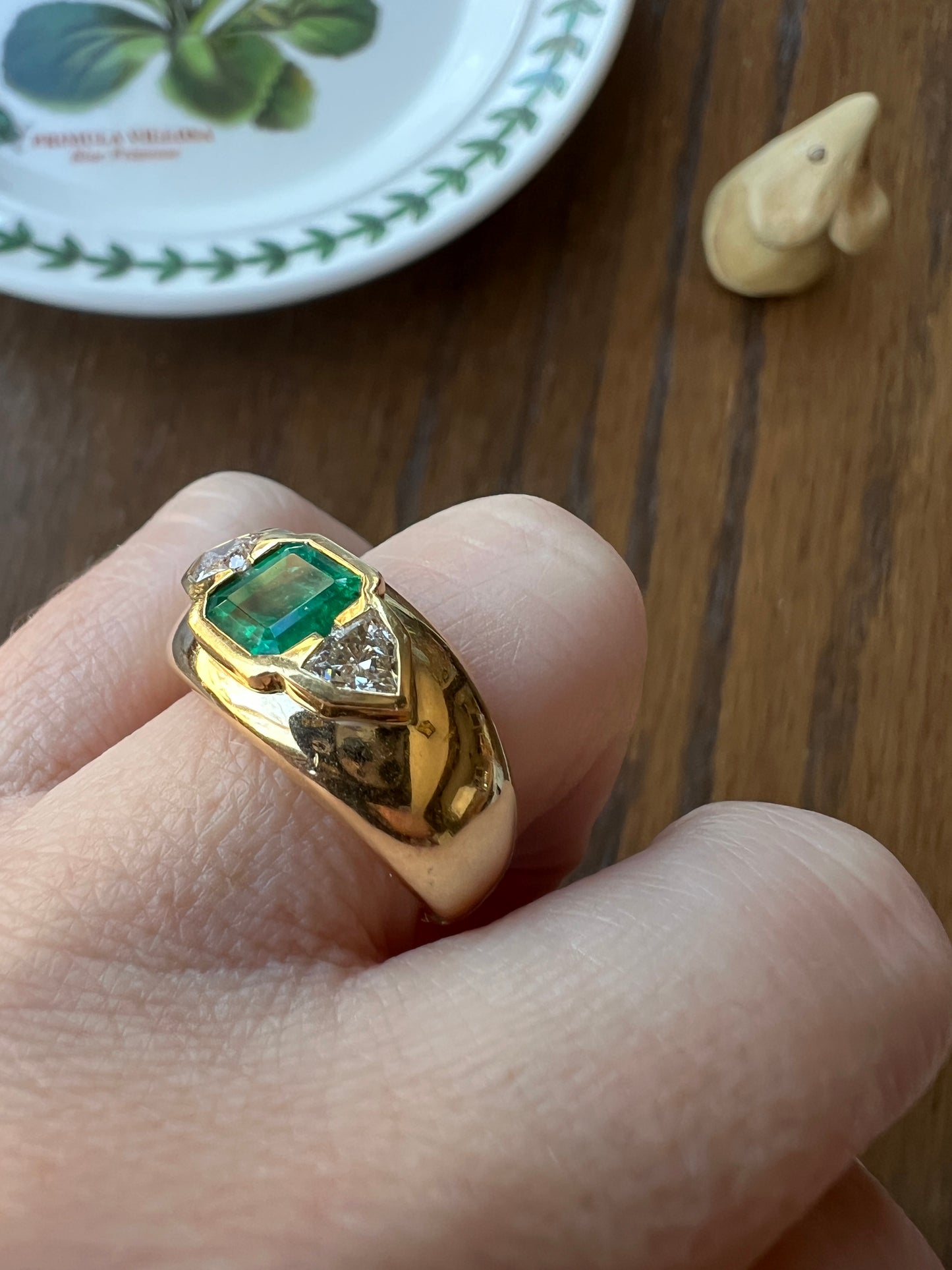 HEXAGON SHIELD Diamond Green EMERALD Chunky Vintage Three Stone Gypsy Ring French 18k Gold Wide Band Natural Heavy